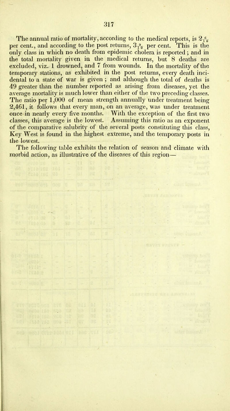 The annual ratio of mortality, according to the medical reports, is 2/0- per cent., and according to the post returns, 3T9T per cent. This is the only class in which no death from epidemic cholera is reported; and in the total mortality given in the medical returns, but 8 deaths are excluded, viz. 1 drowned, and 7 from wounds. In the mortality of the temporary stations, as exhibited in the post returns, every death inci- dental to a state of war is given; and although the total of deaths is 49 greater than the number reported as arising from diseases, yet the average mortality is much lower than either of the two preceding classes. The ratio per 1,000 of mean strength annually under treatment being 2,461, it follows that every man, on an average, was under treatment once in nearly every five months. With the exception of the first two classes, this average is the lowest. Assuming this ratio as an exponent of the comparative salubrity of the several posts constituting this class, Key West is found in the highest extreme, and the temporary posts in the lowest. The following table exhibits the relation of season and climate with morbid action, as illustrative of the diseases of this region—