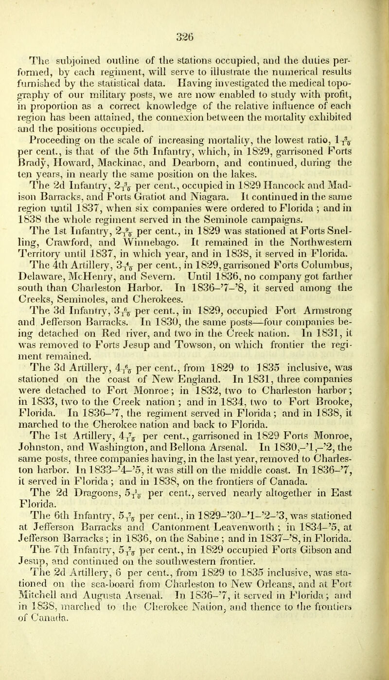 The subjoined outline of the stations occupied, and the duties per- formed, by each regiment, will serve to illustrate the numerical results furnished by the statistical data. Having investigated the medical topo- graphy of our military posts, we are now enabled to study with profit, in proportion as a correct knowledge of the relative influence of each region has been attained, the connexion between the mortality exhibited and the positions occupied. Proceeding on the scale of increasing mortality, the lowest ratio, 1-^ per cent., is that of the 5th Infantry, which, in 1829, garrisoned Forts Brady, Howard, Mackinac, and Dearborn, and continued, during the ten years, in nearly the same position on the lakes. The 2d Infantry, 2-f\ per cent., occupied in 1829 Hancock and Mad- ison Barracks, and Forts Gratiot and Niagara. It continued in the same region until 1837, when six companies were ordered to Florida ; and in 1838 the whole regiment served in the Seminole campaigns. The 1st Infantry, 2T9T per cent., in 1829 was stationed at Forts Snel- ling, Crawford, and Winnebago. It remained in the Northwestern Territory until 1837, in which year, and in 1838, it served in Florida. The 4th Artillery, 3^7 per cent., in 1829, garrisoned Forts Columbus, Delaware, McHenry, and Severn. Until 1836, no company got farther south than Charleston Harbor. In 1836-'7-'8, it served among the Creeks, Seminoles, and Cherokees. The 3d Infantry, 3^ per cent., in 1829, occupied Fort Armstrong and Jefferson Barracks. In 1830, the same posts—four companies be- ing detached on Red river, and two in the Creek nation. In 1831, it was removed to Forts Jesup and Towson, on which frontier the regi- ment remained. The 3d Artillery, 4-IsT per cent., from 1829 to 1835 inclusive, was stationed on the coast of New England. In 1831, three companies were detached to Fort Monroe; in 1832, two to Charleston harbor; in 1833, two to the Creek nation ; and in 1834, two to Fort Brooke, Florida. In 1836-'7, the regiment served in Florida; and in 1838, it marched to the Cherokee nation and back to Florida. The 1st Artillery, 4-^ per cent., garrisoned in 1829 Forls Monroe, Johnston, and Washington, and Bellona Arsenal. In 1830,-'l,-'2, the same posts, three companies having, in the last year, removed to Charles- ton harbor. In 1833-'4-'5, it was still on the middle coast. In 1836-'7, it served in Florida; and in 1838, on the frontiers of Canada. The 2d Dragoons, 5T'T per cent., served nearly altogether in East Florida. The 6th Infantry, 5T\ per cent., in 1829-'30-'l-'2-'3, was stationed at Jefferson Barracks and Cantonment Leavenworth ; in 1834-'5, at Jefferson Barracks ; in 1836, on the Sabine ; and in 1837-'8, in Florida. The 7th Infantry, 5XV per cent., in 1829 occupied Forts Gibson and Jesup, and continued on the southwestern frontier. The 2d Artillery, 6 per cent., from 1829 to 1835 inclusive, was sta- tioned on the sea-board from Charleston to New Orleans, and at Fort Mitchell and Augusta Arsenal. In 1836-'7, it served in Florida; and in 1838, marched to the Cherokee Nation, and thence to the frontiers of Canada.