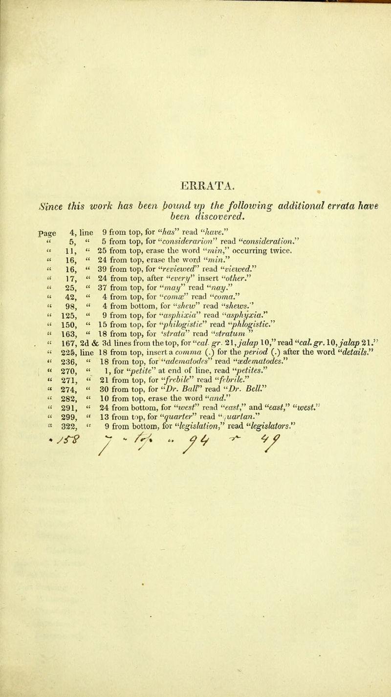 ERRATA. Since this work has been bound up the following additional errata have been discovered. Page 4, line 9 from top, for has read have.  5,  5 from top, for considerarion read consideration.  11,  25 from top, erase the word min, occurring twice.  16,  24 from top, erase the word min.  16,  39 from top, for reviewed read viewed. « 17,  24 from top, after every insert other.  25,  37 from top, for may read nay. u 42,  4 from top, for comx read coma. « 98,  4 from bottom, for shew read shews.  125,  9 from top, for asphixia read asphyxia.  150,  15 from top, for philogistic read phlogistic.  163,  18 from top, for 'strata read stratum   167, 2d & 3d lines from the top, for cal gr. 21, jalap 10, read cal.gr. 10, jalap 21.  225, line 18 from top, insert a comma (.) for the period (.) after the word details.  236,  18 from top, for adematodes read sedematodes.  270,  1, for petite at end of line, read petites.  271,  21 from top, for frebile read febrile.  274,  30 from top, for Dr. Ball read Dr. Bell.  282,  10 from top, erase the word and.  291,  24 from bottom, for west read east and east, west.  299,  13 from tiip, for quarter read  ,uartan.