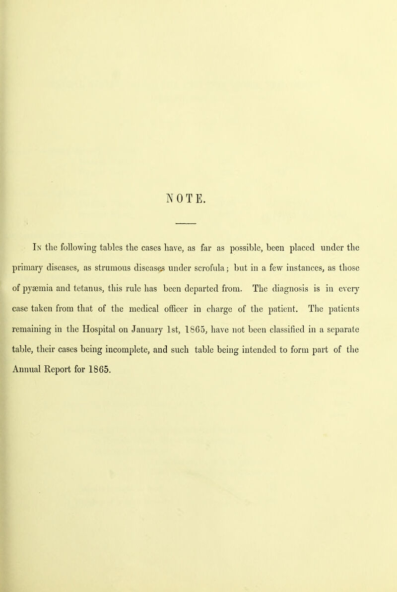 NOTE. In the following tables the cases have, as far as possible, been placed under the primary diseases, as strumous diseases under scrofula; but in a few instances, as those of pyaemia and tetanus, this rule has been departed from. The diagnosis is in every case taken from, that of the medical officer in charge of the patient. The patients remaining in the Hospital on January 1st, 1865, have not been classified in a separate table, their cases being incomplete, and such table being intended to form part of the Annual Report for 1865.