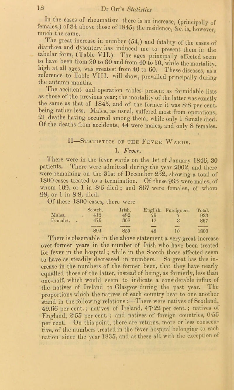 In the cases of rheumatism there is an increase, (principally of females,) of 34 above those of 1845; the residence, &c. is, however much the same. . Tlie Sreat increase in number (54,) and fatality of the cases of diarrhoea and dysentery has induced me to present them in the tabular form, (Table VII.) The ages principally affected seem to have been from 20 to 30 and from 40 to 50, while the mortality, high at all ages, was greatest from 40 to 60. These diseases, as a refeience to Table VIII. will show, prevailed principally durinc the autumn months. The accident and operation tables present as formidable lists as those of the previous year; the mortality of the latter was exactly the same as that of 1845, and of the former it was 8‘8 per cent, being rather less. Males, as usual, suffered most from operations, 21 deaths having occurred among them, while only 1 female died. Of the deaths from accidents, 44 were males, and only 8 females. II—Statistics of the Fever Wards. 1. Fever. There were in the fever wards on the 1st of January 1846, 30 patients. There were admitted during the year 2002, and there were remaining on the 31st of December 232, showing a total of 1800 cases treated to a termination. Of these 933 were males, of whom 109, or 1 in 8*5 died ; and 867 were females, of whom 98, or 1 in 8'8, died. Of these 1800 cases, there were Scotch. Irish. English. Foreigners. Total. Males, 415 482 •29 7 933 Females, 479 368 17 3 867 894 850 46 10 1800 There is observable in the above statement a very great increase over former years in the number of Irish who have been treated for fever in the hospital; while in the Scotch those affected seem to have as steadily decreased in numbers. So great has this in- crease in the numbers of the former been, that they have nearly equalled those of the latter, instead of being, as formerly, less than one-half, which would seem to indicate a considerable influx of the natives of Ireland to Glasgow during the past year. The proportions which the natives of each country bear to one another stand in the following relations :—There were natives of Scotland, 49.66 per cent.; natives of Ireland, 47*22 per cent. ; natives of England, 2*55 per cent. ; and natives of foreign countries, 0*55 per cent. On this point, there arc returns, more or less consecu- tive, of the numbers treated in the fever hospital belonging to each nation since the year 1835, and as these all, with the exception ot