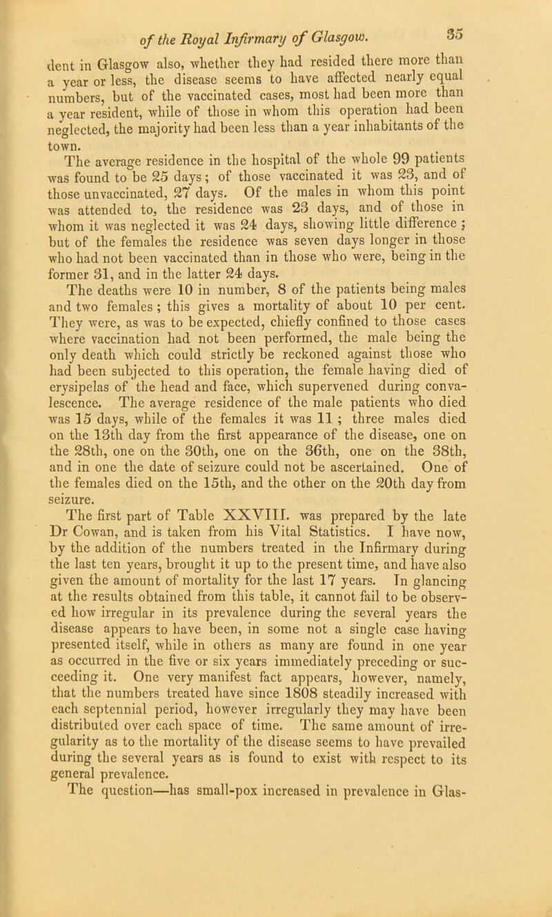 dent in Glasgow also, whether they had resided there more than a year or less, the disease seems to have affected nearly equal numbers, but of the vaccinated cases, most had been more than a year resident, while of those in whom this operation had been neglected, the majority had been less than a year inhabitants of the town. The average residence in the hospital of the whole 99 patients was found to be 25 days; of those vaccinated it was 23, and of those unvaccinated, 27 days. Of the males in whom this point was attended to, the residence was 23 days, and of those in whom it was neglected it was 24 days, showing little difference ; but of the females the residence was seven days longer in those who had not been vaccinated than in those who were, being in the former 31, and in the latter 24 days. The deaths were 10 in number, 8 of the patients being males and two females ; this gives a mortality of about 10 per cent. They were, as was to be expected, chiefly confined to those cases where vaccination had not been performed, the male being the only death which could strictly be reckoned against those who had been subjected to this operation, the female having died of erysipelas of the head and face, which supervened during conva- lescence. The average residence of the male patients who died was 15 days, while of the females it was 11 ; three males died on the 13th day from the first appearance of the disease, one on the 28th, one on the 30th, one on the 36th, one on the 38th, and in one the date of seizure could not be ascertained. One of the females died on the 15th, and the other on the 20th day from seizure. The first part of Table XXVIII. was prepared by the late Dr Cowan, and is taken from his Vital Statistics. I have now, by the addition of the numbers treated in the Infirmary during the last ten years, brought it up to the present time, and have also given the amount of mortality for the last 17 years. Tn glancing at the results obtained from this table, it cannot fail to be observ- ed how irregular in its prevalence during the several years the disease appears to have been, in some not a single case having presented itself, while in others as many are found in one year as occurred in the five or six years immediately preceding or suc- ceeding it. One very manifest fact appears, however, namely, that the numbers treated have since 1808 steadily increased with each septennial period, however irregularly they may have been distributed over each space of time. The same amount of irre- gularity as to the mortality of the disease seems to have prevailed during the several years as is found to exist with respect to its general prevalence. The question—has small-pox increased in prevalence in Glas-