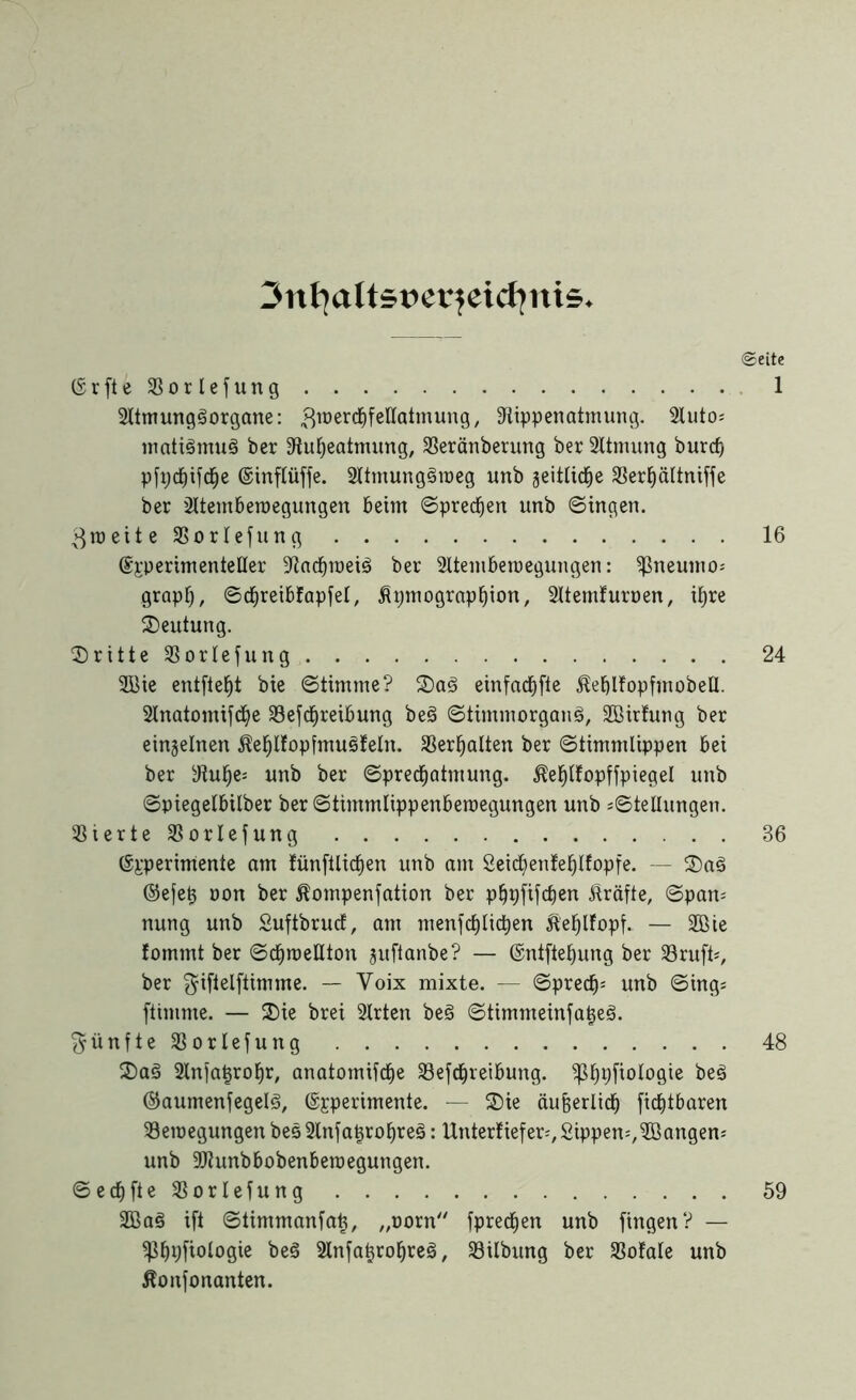 3nbaltsüer?eicf]nis ©eite (ErfteSBorlefung 1 2ltmungs>organe: ^roerd&fellatmung, Stippenatmung. 2lutos watiömuö ber 9iul)eatmung, Sßeränberung ber 2ltmung burcf) pfijdjifdfje (Einflüffe. Sltmungöroeg unb geitlidfje Sßer^ältniffe ber ältemberoegungen beim ©preefjen unb ©ingen. 3n>eite2SorIefung 16 (ExperimenteHer ^ad^rueiö ber 2ltemberoegungen: ^ßneumo* grapf), ©dfireibfapfel, Äpmograpliion, 2Uemfuroen, if)re Deutung. ©ritteißorlefung 24 2Bie entfielt bie ©timme? 2)a3 einfache ÄeblfopfmobeU. 2lnatomifdje S8efcf>reibung be3 ©timmorganö, ÜBirfung ber einzelnen Äefjlfopfmuäfeln. $erf)alten ber ©timmlippen bei ber ytulje; unb ber ©preefjatmung. Äef)lfopffpiegel unb ©piegetbilber ber ©timmlippenberaegungen unb Stellungen. Vierte SBorlefung 86 (Experimente am JünfUidEjert unb am Seicfyenleljlfopfe. — 2)a3 ©efep non ber Äompenfation ber pfjpfifcfjen Kräfte, ©pan= nung unb SuftbrucC„ am menfcfjlicpen Äefjlfopf. — 2Bie fommt ber ©d^meHton juftanbe? — ©ntftefjung ber Sörufh, ber $iftelftimme. — Yoix mixte. — ©pred£j= unb ©ing* [timme. — 2)ie brei 2lrten be3 ©timmeinfapes). fünfte SBorlefung 48 3)a§ Slnfaprolir, anatomifcf)e 23efdE)reibung. ^Ijpfiologie beä ©aumenfegelg, (Experimente. — 2)ie äufeerlidE) [id)tbaren ^Bewegungen bes2lnfaprof>reö: Unterfiefer=,Sippen^^Bangen* unb -JJtunbbobenberoegungen. ©ecfjfte SSorlefung 59 2ßa3 ift ©timmanfatj, „oorn [preßen unb fingen? — Sßfygfiologie be<3 2ln[apro^reö, SBilbung ber totale unb Äonfonanten.