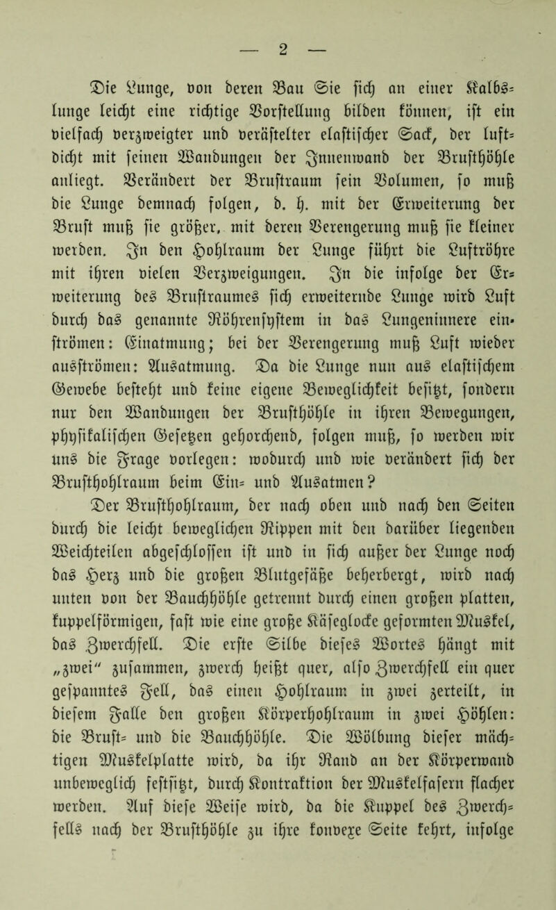 Die Mutige, öon bereit Vau Sie fid) an einer ®alb3= luitge leidet eine richtige Vorfteduug bilben föxtnen, ift ein bielfad) beqmeigter unb beräftelter elaftifcßer Sacf, ber Iuft= bicfjt mit feinen SBanbungett ber gnueumanb ber Vruftfjößle anliegt. Veräitbert ber Vruftraum fein Volumen, fo muß bie Sunge bemnad) folgen, b. 1). mit ber ©Weiterung ber Vruft muß fie größer, mit bereit Verengerung muß fie Heiner merben. gn ben £>ohlraum ber Sunge führt bie Cuftrötjre mit ihren Dielen Verneigungen. gn bie infolge ber (Sr* meiterung be§ Vruftraume3 fiel) ermeiterube Suttge mirb Suft burd) ba3 genannte S^öhrenfpftem itt ba§ Sungeniitnere ein» ftrömen: (Einatmung; bei ber Verengerung muß Suft roieber ausftrömeit: 5fu3atmung. Da bie Suitge nun au£ elaftifcßem ©emebe befielt unb feine eigene Vemeglicßfeit befi^t, fonberu nur ben VSanbuitgen ber Vruftfjöfyle in ihren Veroegungen, phpfifalifcßen ©efe|en gehoreßenb, folgen muj, fo merben mir un§ bie grage borlegen: moburdj unb mie Deränbert fid) ber Vruft^o^lraum beim ©in* unb s<du§atmen? Der Vruft^o^lraum, ber nad) oben uitb nad) ben (Seiten burd) bie leicht bemeglidjen Nippon mit ben barüber liegenbeit 2Beid)teilen abgefdjloffen ift unb in fid) außer ber Sunge nod) ba§ §er§ unb bie großen ^Blutgefäße beherbergt, mirb nad) unten oon ber Vaucßhößle getrennt burd) einen großen platten, fuppelförmigeit, faft mie eine große 8'äfeglocfe geformten 9)?u3fel, ba3 gmereßfed. (Die erfte (Silbe biefel SBorteS ßängt mit „§mei §ufammen, jmerdh ßeißt quer, alfo gmereßfed eilt quer gefpamtte§ ged, ba§ einen §oßlraum in §roei verteilt, in biefem gade ben großen Sförperßohlraum in gmei §ößlen: bie Vruft* unb bie Vauchßößle. Die SBölbung biefer mäcß* tigen dttu^felplatte mirb, ba ißr dfaitb an ber ^örpermaitb unbemcglicß feftfi^t, burd) ^ontraftioit ber 9J?u§felfafern flacher merben. 2luf biefe SBeife mirb, ba bie Kuppel be3 groerdj* fed§ nad) ber Vruftßößle §u ißre foitbeje Seite feßrt, infolge
