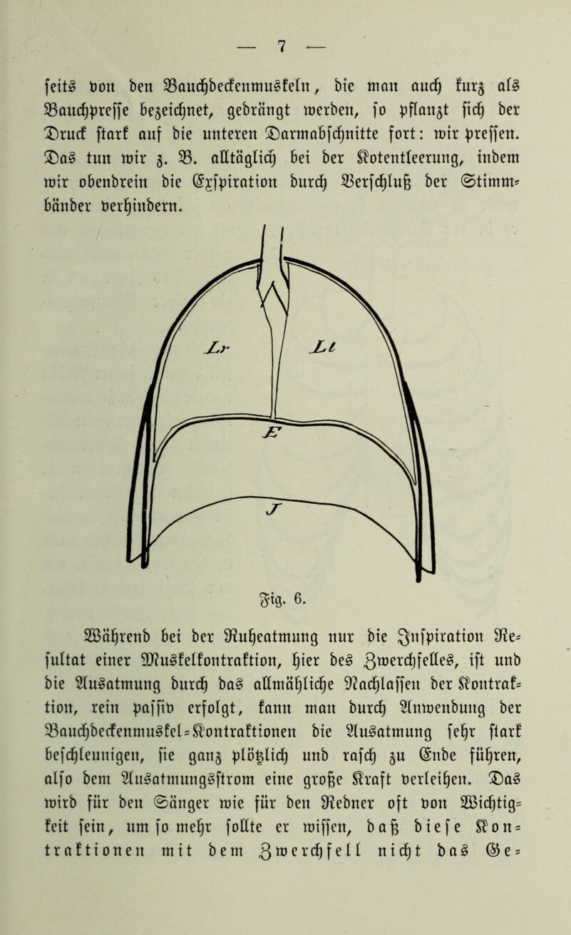 feit§ Don ben SBaucßbedenmuSfeht, bie man audj fur§ at§ 33aud)preffe Beseicßnet, gebrängt merbett, fo pflanzt fidj ber £)rucf ftarf auf bie unteren £)armaBfd)nitte fort: mir preffen. £)a3 tun mir 3. 35. alltäglidj Bei ber ^otentleerung, inbem mir oBenbrein bie Grjfpiration burd) 33erfd)luß ber (Stimm* Bänber öerßinbern. 2Bäßrenb Bei ber S^ußeatmung nur bie Qnfpiration 9^e= fultat einer SD^ugfelfontraftion, §ier be§ .groetdjfeße^, ift unb bie 2lu§atmung burd) ba§ allmäßlidje 9?ad)laffett ber kontra!* tion, rein paffit» erfolgt, famt mau burd) 3tnmenbuug ber 35aucßbecfenmu3fel=®ontraftionen bie 2lu3atmung feßr ftar! Befdjfeunigen, fie gan3 plötdid) unb rafd) 3U (Snbe führen, alf0 bem 2Iu3atmung3ftrom eine große ®raft Oerteißen. £)a§ mirb für ben länger mie für ben ^ebner oft oon 2Bid)tig= feit fein, um fo meßr fottte er miffen, baß biefe Sion* traftionen mit bem gmercßfelt nidjt ba3 ©e =