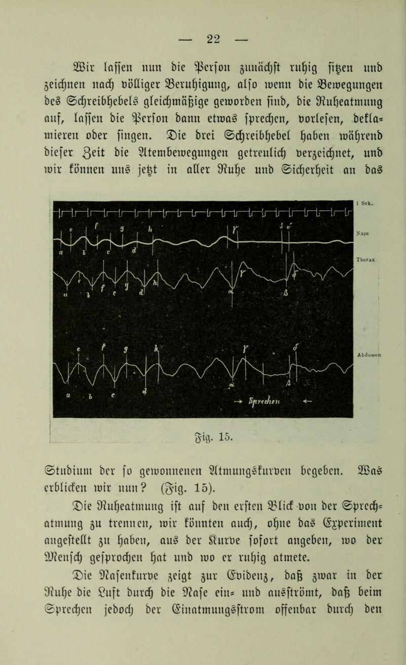 2Bir Inffen nun bie Sßerfoit gunächft rußig fi|en uub 5eidfjnen nach oöltiger Beruhigung, alfo wenn bie Bewegungen be§ SchreibßebetS gleichmäßige geworben finb, bie SRufjeatmung auf, laffcn bie $erfon bann etwas fprecßen, twrtefen, befta= miereu ober fingen. Die brei Sdßieibhebet haben währenb biefer 3e^ bie ?ltembeweguugen getreulich bezeichnet, unb wir fönnen uu§ jejt in aller S^uße unb (Sicherheit an baS Stubium bcr fo gewonnenen SltmungsfurWcn begeben. 2BaS erbtiefen wir nun? (§ig. 15). (Die Üfußeatmuug ift auf ben elften Bticf oou ber Sprccß= atmung §u trennen, wir fönnten auch, ohne baS (Si’perimeut augefteftt 51t haben, auS ber Shirbe fofort angeben, wo ber sJJ?enfcß gefprocheit hat unb wo er rußig atmete. Die ^afenfuroe ^eigt gur ©Oibeuj, baß §war in ber 3?uße bie Suft bureß bie 9?afe ein* unb ausftrömt, baß beim Sprechen jebod; ber (SiuatmungSftrom offenbar burch ben