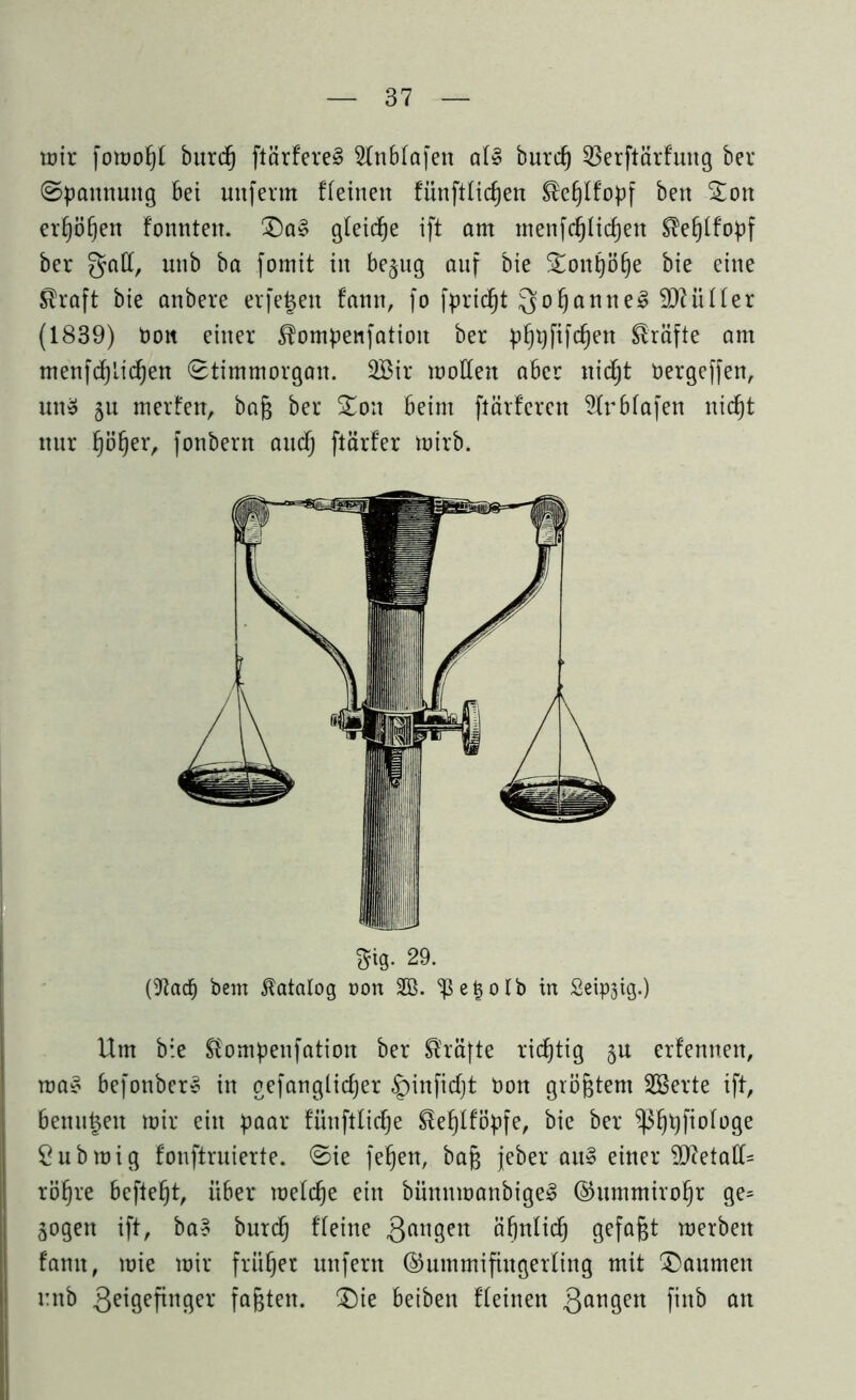 toir fomofjl burd) ftärfereS ^Cnbfafen at* burd) Sßerftärfuug ber Spannung bet unferm ffeineit fünftlic^en 8efjlfopf ben £on er^ö^en fonnteit. £)a§ gleiche ift am menfdjlidjen ®ef)Ifopf ber gatt, mtb ba fomit in bejug auf Die $tont)öf)e bie eine $raft bie anbere eiferen fann, fo fpric^t QoljanneS Füller (1839) üon einer ^ompenfatioit ber pfjpfifdjen Kräfte am menfdjlidjen (Stimmorgan. 2Bir motten aber nidjt bergeffen, un» ju inerten, bafc ber %o:\ beim ftärferen Slrbfafen nidjt nur f)öt)er, fonbern aitcf) flärfer mirb. ^ig. 29. (9tad& bem Katalog oon 2B. ^etjolb in Seipjig.) Um bie $ompenfation ber Kräfte richtig 5U erfennen, ma* befonbcr? in gefanglidjer §>infidjt Don größtem SBerte ift, benutzen mir ein paar fünftlidje ®ef)tföpfe, bie ber ^pfiologe Submig fonftruierte. Sie fefjen, bajs jjeber au» einer äftetatt- röfjre befielt, über meld)e ein bünnmanbigeS ®ummirofjr ge= jogen ift, ba§ burd) fleine ßattgen äffnlicf) gefaxt merbett tarnt, mie mir früher unfern ©ummifiugerting mit Daumen rnb 3et9et™ger faxten. £)ie beiben fteinen 3an9en an