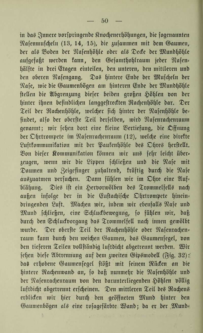 in ba§ innere Oorfpriitgettbe ®nod^enevfjöfyungen, bie fogenattnteit Sftafenmufchetu (13, 14, 15), bie §ufannrten mit bem ©aumeit, ber at§ Voben ber 9?afenp§Ie ober atS Secfe ber 90?unbf)öf)(e aufgefafjt merben fann, ben ©efamthohtraunt jeber Wafern hötfte itt brei (Stagen eiitteilen, ben unteren, ben mittleren unb ben oberen Sftafcngang. Sa§ Hintere (Snbe ber äftufctjetn ber 9?afe, mie bie ©aumenbögeit am Hinteren (Snbe ber SDhtnbtjö^te ftetteit bie Abgrenzung biefer beiben großen §öt)tett oon ber hinter i^nen befittblicfjen langgeftrecften 9?arf)enf)ö£)fe bar. Ser Seit ber 9?adbent)ö£)te, melier fic^ hinter ber 9?afenf)ö£)te be-- fiubet, alfo ber oberfte Seit berfelben, mirb ^afenradjenraum genannt; mir fefjen bort eine fteine Vertiefung, bie Öffnung ber Ohrtrompete im Sßafenradjenraum (12), metche eine birette Suftfommunifation mit ber ^ßaufen^ö^Ie beS Of)reS ^erftellt. Von biefer ®ommunifatiou föitneit mir uit§ fefjr teict)t über» jeugen, meint mir bie Sippen fcfjtiegeit unb bie üftafe mit Säumen unb 3e^9ePn9er $ut)altenb, f'räftig burct) bie 9?afe au^juatmen oerfucheit. Sann füllen mir im Ohre eine Auf= btähuitg. Sie§ ift ein |)erOormötben beS SrommelfeltS nach au^eit iufotge ber in bie (Suftachifcfje Ohrtrompete tyntin* bringenbett Suft. Stachen mir, itibem mir ebenfalls 9?afe unb 9Jhutb fchtiejsen, eine ©chtucfbemegmig, fo fühten mir, baf; burch ben ©chtucfoorgaug baS Srommetfelt nach innen gemötbt mürbe. Ser oberfte Seit ber 9?acheufjöhte ober 9?afenrachen= raum fann burch ben meinen (Räumen, baS ©aumenfeget, Oon ben tieferen Seiten oottftänbig tuftbicht abgetrennt merben. 2Bir fehen biefe Abtrennung auf bem jmeiten ©ipSmobelt (gig. 32):' baS erhobene ©aumenfeget ftöjgt mit feinem dürfen an bie hintere D?acf)eumanb an, fo bafc nunmehr bie Sftafenhöhle unb ber ^afettrachenraum Oon beit baruntertiegenben fohlen Oöttig tuftbicht abgetrennt erfcheineit. Sen mittteren Seit beS Aachens erbtiefen mir fper burch ben geöffneten Sftunb hinter beit ©aumenbögett atS eine rofagefärbte 2Banb; ba er ber .-äflunb*