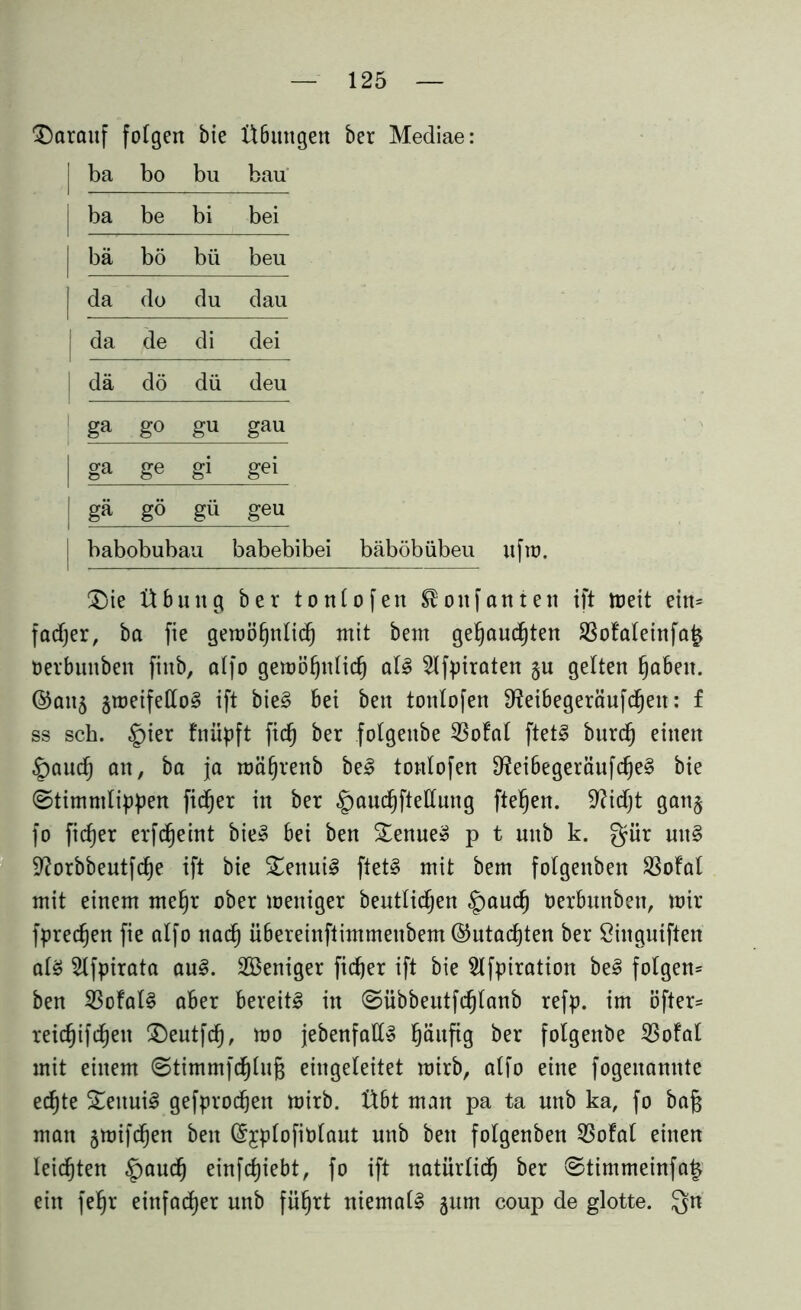 Darauf folgen bie Übungen ber Mediae: ba bo bu bau ba be bi bei bä bö bü beu da do du dau da de di dei da dö dü deu ga go gu gau ga ge gi gei gä ge gä geu S babobubau babebibei bäböbübeu ufw. Die Übung ber tonlofen ®oitfanieit ift Weit ein* fadjer, ba fie gewöfjnlidi) mit beut gefjaudfjten 33ofaleinfa£ oerbunben fittb, alfo gewöfptlid) all 2Ifpiraten §u gelten fjabett. ©auj jweifello! ift bie! bei bett tonlofen ^eibegeräufdjett: f ss sch. §ier fnüpft fid) ber fotgenbe $ofal ftet! burd) einen £>audf) an, ba ja wäljrenb be! tonlofen SReibegeräufdje! bie «Stimmlippen fidler in ber ^aucfjftedung fielen. Sftidjt gatt§ fo fieser erfdljeint bie! bei ben Denue! p t mtb k. gür utt! 9?orbbeutfd)e ift bie Dettui! ftet! mit bem folgenben SSoFal mit einem rneljr ober weniger beutlidjen |)aud) Derbunbett, wir fpredjen fie alfo nadf) übereinftimmenbem ©utadjten ber öinguiften all 21fpirata au!. Söeniger fieser ift bie Slfpiration be! folgen* ben SSofal! aber bereit! in Siibbeutfdjlanb refp. im öfter* reicljifdjen Deutfdfj, wo jebenfatl! f)aufig ber folgenbe S3ofal mit einem 6timmfdl)lug eingeleitet wirb, alfo eine fogeitanute edjte Dettui! gefprodjett wirb. Übt man pa ta nnb ka, fo baf$ matt §wifdf)en bett ©jplofiolant unb bett folgenben 53ofal einen leisten £>aud) einfdjiebt, fo ift natürlich ber ©timmeinfa^ ein fefjr einfacher unb füljrt niemal! 511m coup de glotte. Qn