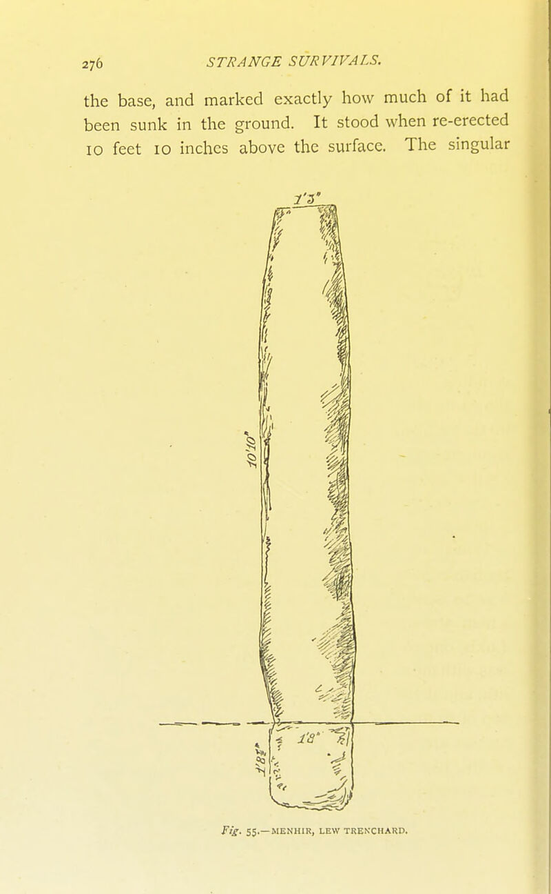 the base, and marked exactly how much of it had been sunk in the ground. It stood when re-erected 10 feet 10 inches above the surface. The singular r5' Ft's- 55.—MENHIR, LEW TRENCHARD.