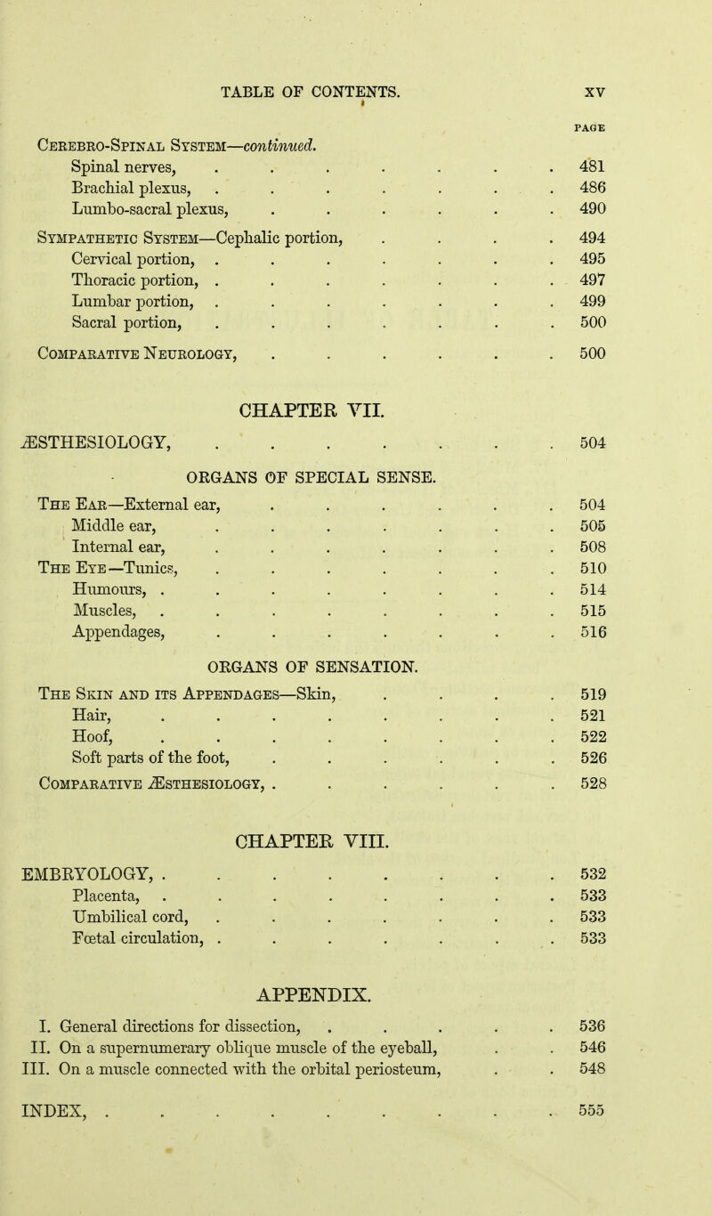 PAGE Ceeebro-Spinal System—continued. Spinal nerves, . . . . . . .481 Brachial plexus, . . . . . ... 486 Lumbo-sacral plexus, ...... 490 Sympathetic System—Cephalic portion, .... 494 Cervical portion, ....... 495 Thoracic portion, ....... 497 Lumbar portion, . . . . . . . 499 Sacral portion, . . . . . . . 500 CoMPASATivE Neurology, ...... 500 CHAPTER YII. ^STHESIOLOGY, 504 ORGANS OF SPECIAL SENSE. The Ear—External ear, ...... 504 Middle ear, . . . . . . .505 Internal ear, . . . . . . . 508 The Eye—Tunics, ....... 510 Humours, ........ 514 Muscles, ........ 515 Appendages, . . . . . . .516 OEGANS OF SENSATION. The Skin and its Appendages—Skin, .... 519 Hair, ........ 521 Hoof, ........ 522 Soft parts of the foot, . . . , . . 526 Comparative ^Esthesiology, ...... 528 CHAPTER VIII. EMBRYOLOGY, . .532 Placenta, ........ 533 Umbilical cord, . . . . . . .533 Fcetal circulation, . . . . . . . 533 APPENDIX. I. General directions for dissection, ..... 536 II. On a supernumerary oblique muscle of the eyeball, . . 546 III. On a muscle connected with the orbital periosteum, . . 548 INDEX, 555