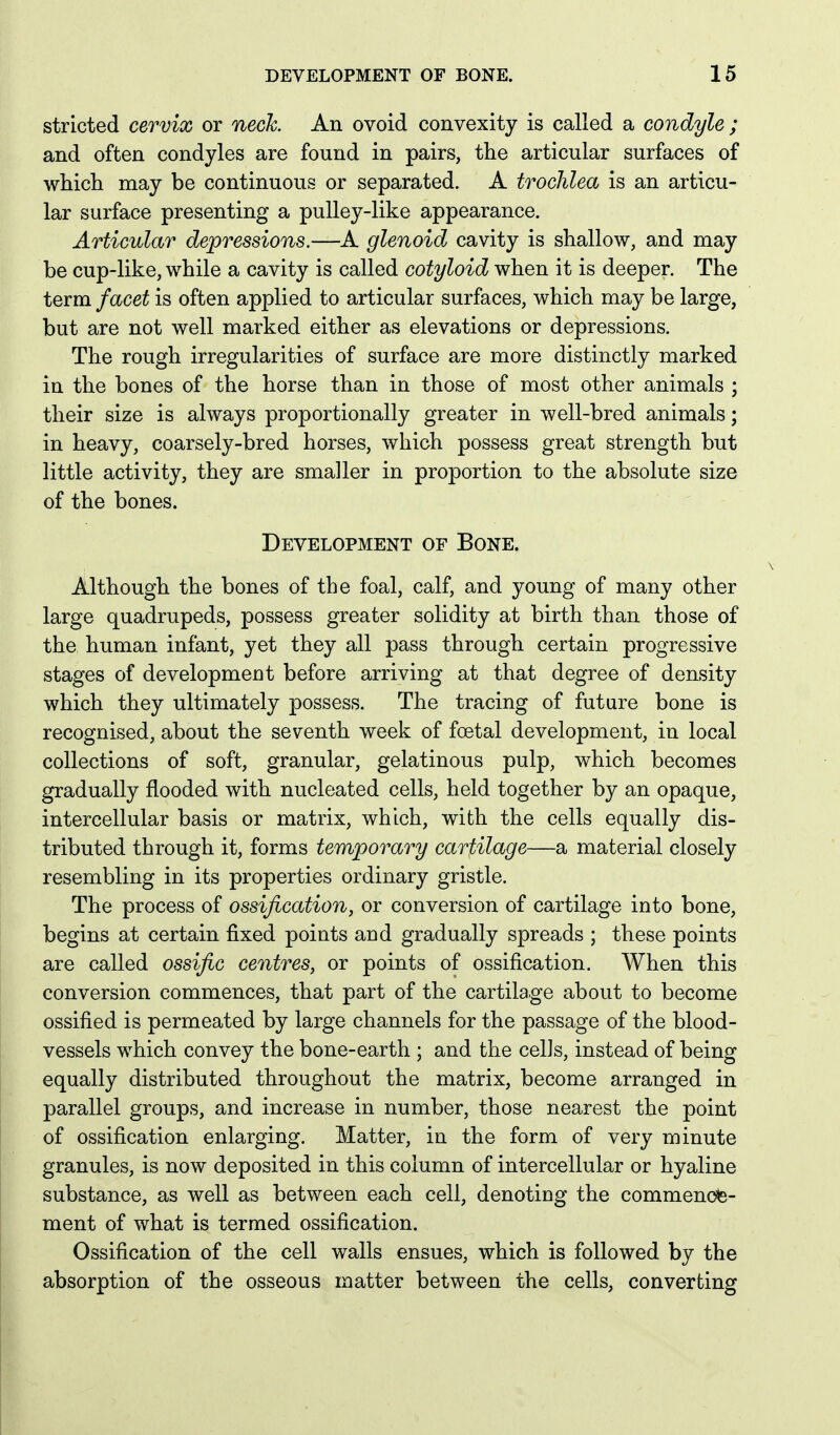 stricted cervix or neck An ovoid convexity is called a condyle ; and often condyles are found in pairs, the articular surfaces of which, may be continuous or separated. A trochlea is an articu- lar surface presenting a pulley-like appearance. Articular depressions.—A glenoid cavity is shallow, and may be cup-like, while a cavity is called cotyloid when it is deeper. The term facet is often applied to articular surfaces, which may be large, but are not well marked either as elevations or depressions. The rough irregularities of surface are more distinctly marked in the bones of the horse than in those of most other animals ; their size is always proportionally greater in well-bred animals; in heavy, coarsely-bred horses, which possess great strength but little activity, they are smaller in proportion to the absolute size of the bones. Development of Bone. Although the bones of the foal, calf, and young of many other large quadrupeds, possess greater solidity at birth than those of the human infant, yet they all pass through certain progressive stages of development before arriving at that degree of density which they ultimately possess. The tracing of future bone is recognised, about the seventh week of foetal development, in local collections of soft, granular, gelatinous pulp, which becomes gradually flooded with nucleated cells, held together by an opaque, intercellular basis or matrix, which, with the cells equally dis- tributed through it, forms temporary cartilage—a material closely resembling in its properties ordinary gristle. The process of ossification, or conversion of cartilage into bone, begins at certain fixed points and gradually spreads ; these points are called ossific centres, or points of ossification. When this conversion commences, that part of the cartilage about to become ossified is permeated by large channels for the passage of the blood- vessels which convey the bone-earth ; and the cells, instead of being equally distributed throughout the matrix, become arranged in parallel groups, and increase in number, those nearest the point of ossification enlarging. Matter, in the form of very minute granules, is now deposited in this column of intercellular or hyaline substance, as well as between each cell, denoting the commence- ment of what is termed ossification. Ossification of the cell walls ensues, which is followed by the absorption of the osseous matter between the cells, converting