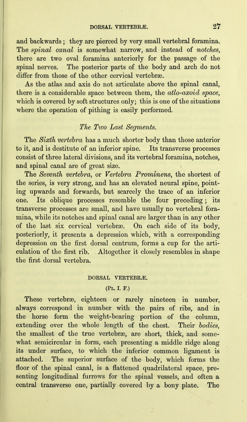 and backwards; they are pierced by very small vertebral foramina. The spinal canal is somewhat narrow, and instead of notches, there are two oval foramina anteriorly for the passage of the spinal nerves. The posterior parts of the body and arch do not differ from those of the other cervical vertebrae. As the atlas and axis do not articulate above the spinal canal, there is a considerable space between them, the atlo-axoid space, which is covered by soft structures only; this is one of the situations where the operation of pithing is easily performed. The Two Last Segments. The Sixth vertebra has a much shorter body than those anterior to it, and is destitute of an inferior spine. Its transverse processes consist of three lateral divisions, and its vertebral foramina, notches, and spinal canal are of great size. \ The Seventh vertebra, or Vertebra Prominens, the shortest of the series, is very strong, and has an elevated neural spine, point- ing upwards and forwards, but scarcely the trace of an inferior one. Its oblique processes resemble th-e four preceding; its transverse processes are small, and have usually no vertebral fora- mina, while its notches and spinal canal are larger than in any other of the last six cervical vertebrae. On each side of its body, posteriorly, it presents a depression which, with a corresponding depression on the first dorsal centrum, forms a cup for the arti- culation of the first rib. Altogether it closely resembles in shape the first dorsal vertebra. DORSAL VERTEBRA. (Pl. L R) These vertebrae, eighteen or rarely nineteen in number, always correspond in number with the pairs of ribs, and in the horse form the weight-bearing portion of the column, extending over the whole length of the chest. Their bodies, the smallest of the true vertebrae, are short, thick, and some- what semicircular in form, each presenting a middle ridge along its under surface, to which the inferior common ligament is attached. The superior surface of the body, which forms the floor of the spinal canal, is a flattened quadrilateral space, pre- senting longitudinal furrows for the spinal vessels, and often a central transverse one, partially covered by a bony plate. The