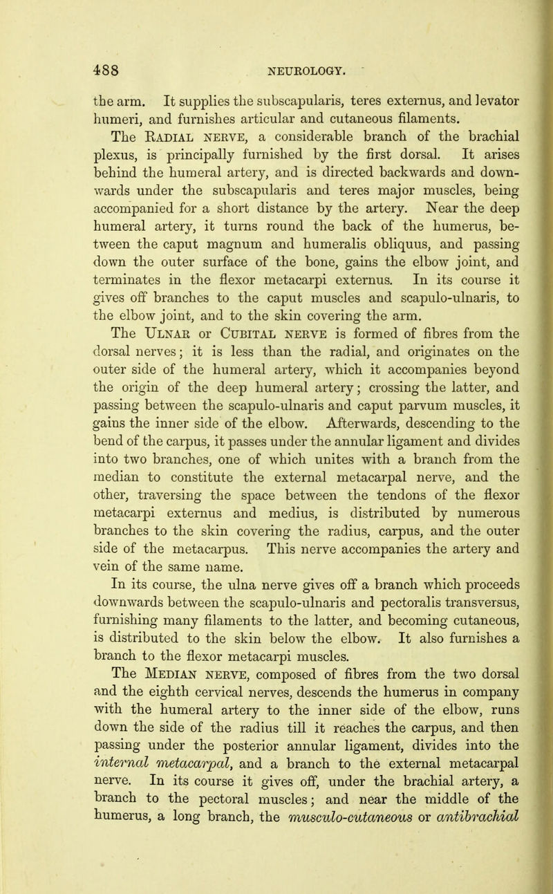 the arm. It supplies the subscapularis, teres externus, and levator humeri, and furnishes articular and cutaneous filaments. The Radial nerve, a considerable branch of the brachial plexus, is principally furnished by the first dorsal. It arises behind the humeral artery, and is directed backwards and down- wards under the subscapularis and teres major muscles, being accompanied for a short distance by the artery. Near the deep humeral artery, it turns round the back of the humerus, be- tween the caput magnum and humeralis obliquus, and passing down the outer surface of the bone, gains the elbow joint, and terminates in the flexor metacarpi externus. In its course it gives off branches to the caput muscles and scapulo-ulnaris, to the elbow joint, and to the skin covering the arm. The Ulnar or Cubital nerve is formed of fibres from the dorsal nerves; it is less than the radial, and originates on the outer side of the humeral artery, which it accompanies beyond the origin of the deep humeral artery; crossing the latter, and passing between the scapulo-ulnaris and caput parvum muscles, it gains the inner side of the elbow. Afterwards, descending to the bend of the carpus, it passes under the annular ligament and divides into two branches, one of which unites with a branch from the median to constitute the external metacarpal nerve, and the other, traversing the space between the tendons of the flexor metacarpi externus and medius, is distributed by numerous branches to the skin covering the radius, carpus, and the outer side of the metacarpus. This nerve accompanies the artery and vein of the same name. In its course, the ulna nerve gives off a branch which proceeds downwards between the scapulo-ulnaris and pectoralis transversus, furnishing many filaments to the latter, and becoming cutaneous, is distributed to the skin below the elbow. It also furnishes a branch to the flexor metacarpi muscles. The Median nerve, composed of fibres from the two dorsal and the eighth cervical nerves, descends the humerus in company with the humeral artery to the inner side of the elbow, runs down the side of the radius till it reaches the carpus, and then passing under the posterior annular ligament, divides into the internal metacarpal, and a branch to the external metacarpal nerve. In its course it gives off, under the brachial artery, a branch to the pectoral muscles; and near the middle of the humerus, a long branch, the musculo-cutaneous or antibrachial