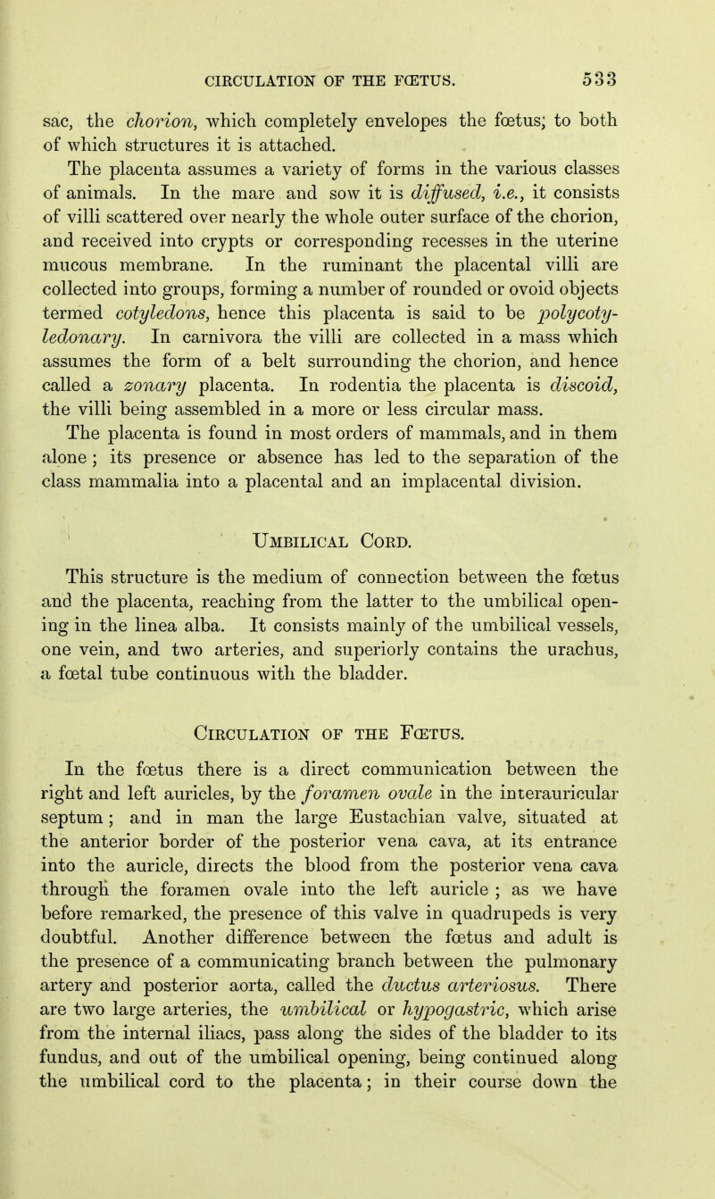 sac, the chorion, which completely envelopes the foetus; to both of which structures it is attached. The placenta assumes a variety of forms in the various classes of animals. In the mare and sow it is diffused, i.e., it consists of villi scattered over nearly the whole outer surface of the chorion, and received into crypts or corresponding recesses in the uterine mucous membrane. In the ruminant the placental villi are collected into groups, forming a number of rounded or ovoid objects termed cotyledons, hence this placenta is said to be polycoty- ledonary. In carnivora the villi are collected in a mass which assumes the form of a belt surrounding the chorion, and hence called a zonctry placenta. In rodentia the placenta is discoid, the villi being assembled in a more or less circular mass. The placenta is found in most orders of mammals, and in them alone ; its presence or absence has led to the separation of the class mammalia into a placental and an implacental division. ' Umbilical Cord. This structure is the medium of connection between the foetus and the placenta, reaching from the latter to the umbilical open- ing in the linea alba. It consists mainly of the umbilical vessels, one vein, and two arteries, and superiorly contains the urachus, a foetal tube continuous with the bladder. Circulation of the Fcetus. In the foetus there is a direct communication between the right and left auricles, by the foramen ovcde in the interauricular septum; and in man the large Eustachian valve, situated at the anterior border of the posterior vena cava, at its entrance into the auricle, directs the blood from the posterior vena cava through the foramen ovale into the left auricle ; as we have before remarked, the presence of this valve in quadrupeds is very doubtful. Another difference between the fcetus and adult is the presence of a communicating branch between the pulmonary artery and posterior aorta, called the ductus arteriosus. There are two large arteries, the umbilical or hypogastric, which arise from the internal iliacs, pass along the sides of the bladder to its fundus, and out of the umbilical opening, being continued along the umbilical cord to the placenta; in their course down the