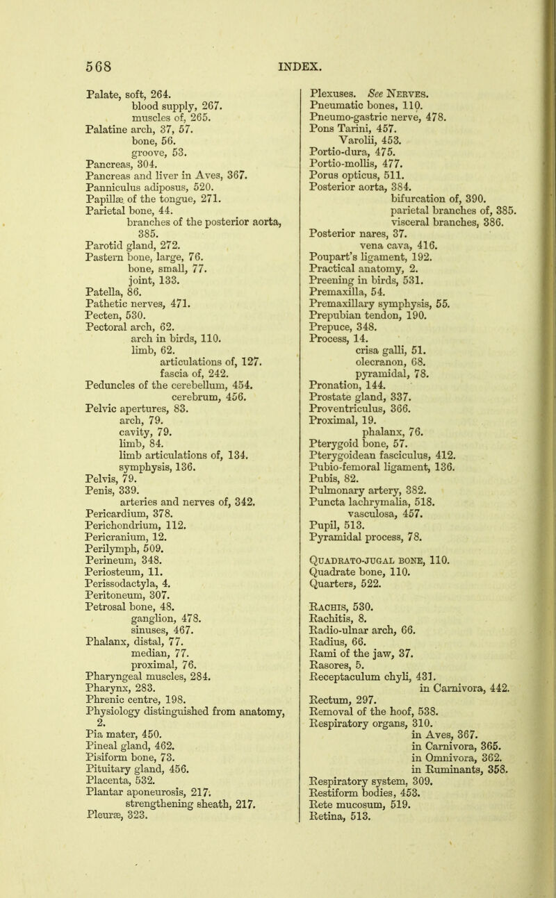 Palate, soft, 264. blood supply, 267. muscles of, 265. Palatine arch, 37, 57. bone, 56. groove, 53. Pancreas, 304, Pancreas and liver in Aves, 367. Panniculus adiposus, 520. Papillae, of the tongue, 271. Parietal bone, 44. branches of the posterior aorta, 385. Parotid gland, 272. Pastern bone, large, 76. bone, small, 77. joint, 133. Patella, 86. Pathetic nerves, 471. Pecten, 530. Pectoral arch, 62. arch in birds, 110. limb, 62. articulations of, 127. fascia of, 242. Peduncles of the cerebellum, 454. cerebrum, 456. Pelvic apertures, 83. arch, 79. cavity, 79. limb, 84. limb articulations of, 134. symphysis, 136. Pelvis, 79. Penis, 339. arteries and nerves of, 342. Pericardium, 378. Perichondrium, 112. Pericranium, 12. Perilymph, 509. Perineum, 348. Periosteum, 11. Perissodactyla, 4. Peritoneum, 307. Petrosal bone, 48. ganglion, 478. sinuses, 467. Phalanx, distal, 77. median, 77. proximal, 76. Pharyngeal muscles, 284. Pharynx, 283. Phrenic centre, 198. Physiology distinguished from anatomy, 2. Pia mater, 450. Pineal gland, 462. Pisiform bone, 73. Pituitary gland, 456. Placenta, 532. Plantar aponeurosis, 217. strengthening sheath, 217. Pleurae, 323. Plexuses. See Nerves. Pneumatic bones, 110. Pneumo-gastric nerve, 478. Pons Tarini, 457. Varolii, 453. Portio-dura, 475. Portio-mollis, 477. Porus opticus, 511. Posterior aorta, 384. bifurcation of, 390. parietal branches of, 385. visceral branches, 386. Posterior nares, 37. vena cava, 416. Poupart's ligament, 192. Practical anatomy, 2. Preening in birds, 531. Premaxilla, 54. Premaxillary symphysis, 55. Prepubian tendon, 190. Prepuce, 348. Process, 14. crisa galli, 51. olecranon, 68. pyramidal, 78. Pronation, 144. Prostate gland, 337. Proventriculus, 366. Proximal, 19. phalanx, 76. Pterygoid bone, 57. Pterygoidean fasciculus, 412. Pubio-femoral ligament, 136. Pubis, 82. Pulmonary artery, 382. Puncta lachrymalia, 518. vasculosa, 457. Pupil, 513. Pyramidal process, 78. QUADRATO-JUGAL BONE, 110. Quadrate bone, 110. Quarters, 522. Rachis, 530. Rachitis, 8. Eadio-ulnar arch, 66. Radius, 66. Rami of the jaw, 37. Rasores, 5. Receptaculum cbyH, 431. in Carnivora, 442. Rectum, 297. Removal of the hoof, 538. Respiratory organs, 310. in Aves, 367. in Carnivora, 365. in Omnivora, 362. in Ruminants, 358. Respiratory system, 309. Restiform bodies, 453. Rete mucosum, 519. Retina, 513.