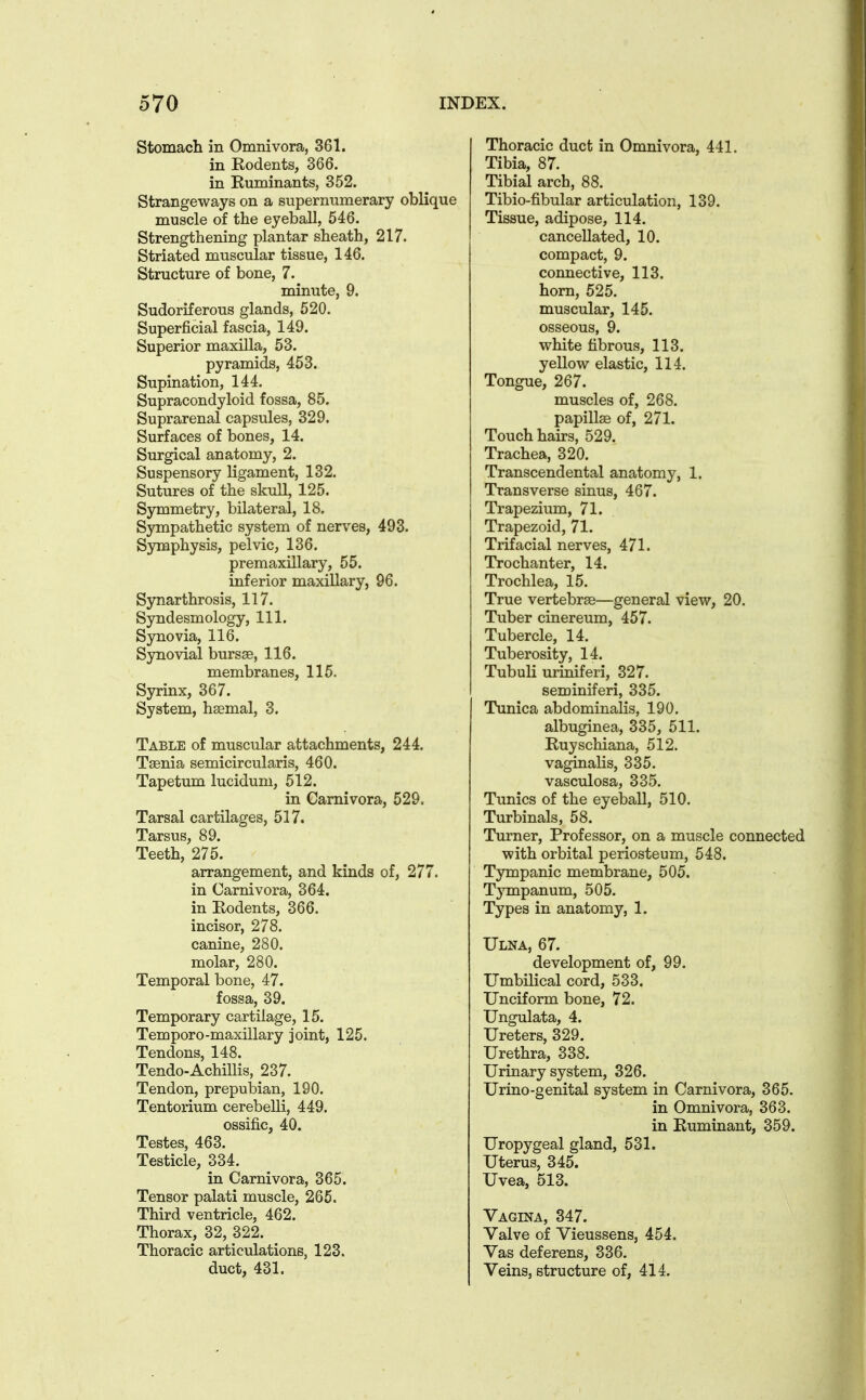 Stomach in Omnivora, 361. in Rodents, 366. in Euminants, 352. Strangeways on a supernumerary obKque muscle of the eyeball, 546. Strengthening plantar sheath, 217. Striated muscular tissue, 146. Structure of bone, 7. minute, 9. Sudoriferous glands, 520. Superficial fascia, 149. Superior maxilla, 53. pyramids, 453. Supination, 144. Supracondyloid fossa, 85. Suprarenal capsules, 329. Surfaces of bones, 14. Surgical anatomy, 2. Suspensory ligament, 132. Sutures of the skull, 125. Symmetry, bilateral, 18. Sympathetic system of nerves, 493. Symphysis, pelvic, 136. premaxiUary, 55. inferior maxillary, 96. Synarthrosis, 117. Syndesmology, 111. Synovia, 116. Synovial bursae, 116. membranes, 115. Syrinx, 367. System, hsemal, 3. Table of muscular attachments, 244. Taenia semicircularis, 460. Tapetum lucidum, 512. in Camivora, 529. Tarsal cartilages, 517. Tarsus, 89. Teeth, 275. arrangement, and kinds of, 277. in Carnivora, 364. in Eodents, 366. incisor, 278. canine, 280. molar, 280. Temporal bone, 47. fossa, 39. Temporary cartilage, 15. Temporo-maxillary joint, 125. Tendons, 148. Tendo-Achillis, 237. Tendon, prepulsian, 190. Tentorium cerebelli, 449. ossific, 40. Testes, 463. Testicle, 334. in Carnivora, 365. Tensor palati muscle, 265. Third ventricle, 462. Thorax, 32, 322. Thoracic articulations, 123. duct, 431. Thoracic duct in Omnivora, 441. Tibia, 87. Tibial arch, 88. Tibio-fibular articulation, 139. Tissue, adipose, 114. cancellated, 10. compact, 9. connective, 113. horn, 525. muscular, 145. osseous, 9. white fibrous, 113. yellow elastic, 114. Tongue, 267. muscles of, 268. papillae of, 271. Touch hairs, 529. Trachea, 320. Transcendental anatomy, 1. Transverse sinus, 467. Trapezium, 71. Trapezoid, 71. Trifacial nerves, 471. Trochanter, 14. Trochlea, 15. True vertebrae—general view, 20. Tuber cinereum, 457. Tubercle, 14. Tuberosity, 14. Tubuli uriniferi, 327. seminiferi, 335. Tunica abdominalis, 190. albuginea, 335, 511. Ruyschiana, 512. vaginalis, 335. vasculosa, 335. Tunics of the eyeball, 510, Turbinals, 58. Turner, Professor, on a muscle connected with orbital periosteum, 548. Tympanic membrane, 505. Tympanum, 505. Types in anatomy, 1. Ulna, 67. development of, 99. Umbilical cord, 533. Unciform bone, 72. Ungulata, 4. Ureters, 329. Urethra, 338. Urinary system, 326. Urino-genital system in Carnivora, 365. in Omnivora, 363. in Euminant, 359. Uropygeal gland, 531. Uterus, 345. Uvea, 513. Vagina, 347. Valve of Vieussens, 454. Vas deferens, 336. Veins, structure of, 414.