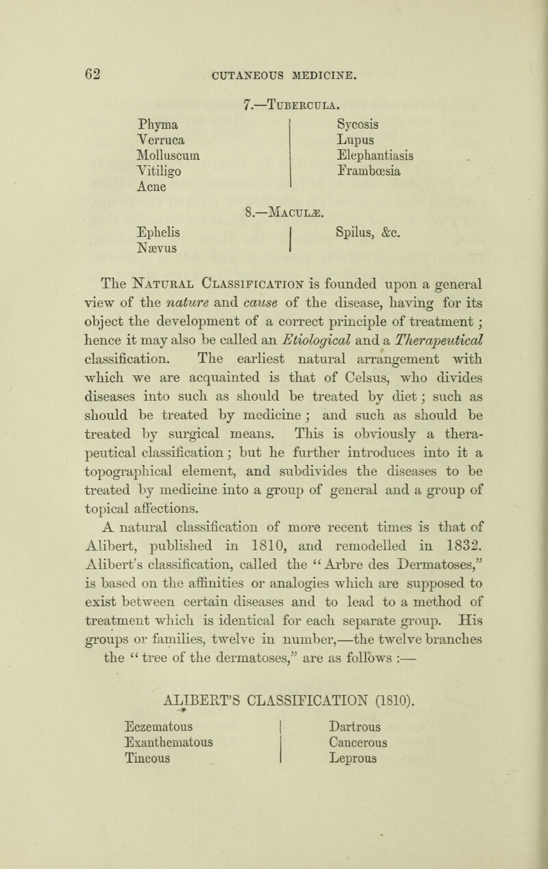 7—Tubercula. Vitiligo Acne Molluscum Phyma Verruca Sycosis Lupus Elephantiasis Erambcesia 8—Macula:. Ephelis Naevus Spilus, &c. The Natural Classification is founded upon a general view of the nature and cause of the disease, having for its object the development of a correct principle of treatment; hence it may also be called an Etiological and a Therapeutical classification. The earliest natural arrangement with which we are acquainted is that of Celsus, who divides diseases into such as should be treated by diet; such as should be treated by medicine ; and such as should be treated by surgical means. This is obviously a thera¬ peutical classification; but he further introduces into it a topographical element, and subdivides the diseases to be treated by medicine into a group of general and a group of topical affections. A natural classification of more recent times is that of Alibert, published in 1810, and remodelled in 1832. Alibert’s classification, called the “Arbre des Dermatoses,” is based on the affinities or analogies which are supposed to exist between certain diseases and to lead to a method of treatment which is identical for each separate group. His groups or families, twelve in number,—the twelve branches the “ tree of the dermatoses,” are as follows :— ALIBEKPS CLASSIFICATION (1810). Eczematous Exanthematous Tineous Dartrous Cancerous Leprous
