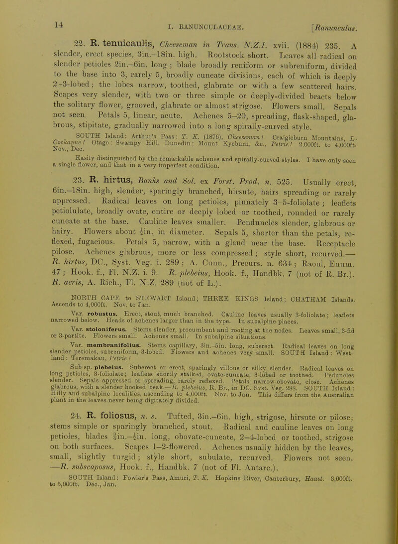 22. R. tenuicaulis, Cheeseman in Trans. N.Z.I, xvii. (1884) 235. A slender, erect species, 3iu.-18in. high. Rootstock short. Leaves all radical on slender petioles 2in.-6in. long ; blade broadly reniform or subreniform, divided to the base into 3, rarely 5, broadly cuneate divisions, each of which is deeply 2-3-lobed; the lobes narrow, toothed, glabrate or with a few scattered hairs. Scapes very slender, with two or three simple or deeply-divided bracts below the solitary flower, grooved, glabrate or almost strigose. Flowers small. Sepals not seen. Petals 5, linear, acute. Achenes 5-20, spreading, flask-shaped, gla- brous, stipitate, gradually narrowed into a long spirally-curved style. SOUTH Island: Arthur's Pass: T. K. (1876), Cheeseman 1 Craigieburn Mountains L- Cockayne! Otago: Swampy Hill, Dunedin; Mount Kyeburn, &c., Petrie! 2,000ft. to 4 OOOft- Nov., Dec. ' Easily distinguished by the remarkable achenes and spirally-curved styles. I have only seen a single flower, and that in a very imperfect condition. 23. R. hirtus, Banks and Sol. ex Forst. Prod. n. 525. Usually erect, 6in.-18in. high, slender, sparingly branched, hirsute, hairs spreading or rarely appressed. Radical leaves on long petioles, pinnately 3-5-foliolate; leaflets petiolulate, broadly ovate, entire or deeply lobed or toothed, rouuded or rarely cuneate at the base. Cauliue leaves smaller. Penduncles slender, glabrous or hairy. Flowers about iin. in diameter. Sepals 5, shorter than the petals, re- flexed, fugacious. Petals 5, narrow, with a gland near the base. Receptacle pilose. Achenes glabrous, more or less compressed ; style short, recurved.— R. hirtus, DC, Syst. Veg. i. 289 ; A. Cunn., Precurs. n. 631; Raoul, Enum. 47; Hook, f., Fl. N.Z. i. 9. R. plebeius, Hook, f., Handbk. 7 (not of R. Br.). R. acris, A. Rich., Fl. N.Z. 289 (not of L.). NORTH CAPE to STEWART Island; THREE KINGS Island; CHATHAM Islands. Ascends to 4,000ft. Nov. to Jan. Var. robustus. Erect, stout, much branched. Cauline leaves usually 3-foliolate ; leaflets narrowed below. Heads of achenes larger than in the type. In subalpine places. Var. stoloniferus. Stems slender, procumbent and rooting at the nodes. Leaves small, 3-fid or 3-partite. Flowers small. Achenes small. In subalpine situations. Var. membranifolius. Stems capillary, 3in.-5in. long, suberect. Radical leaves on long slender petioles, subraniform, 3-lobed. Flowers and achenes very small. SOUTH Island : West- land : Teremakau, Fetrie ! Sub sp. plebeius. Suberect or erect, sparingly villous or silky, slender. Radical leaves on long petioles, 3-foliolate; leaflecs shortly stalked, ovate-cuneate, 3-lobed or toothed. Peduncles slender. Sepals appressed or spreading, rarely reflexed. Petals narrow obovate, close. Achenes glabrous, with a slender hooked beak.—B. plebeius, R. Br., in DC. Svst. Veg. 288. SOUTH Island : Hilly and subalpine localities, ascending to 4,000ft. Nov. to Jan. This differs from the Australian plant in the leaves never being digitately divided. 24. R. folioSUS, n. s. Tufted, 3in.-6in. high, strigose, hirsute or pilose; stems simple or sparingly branched, stout. Radical and cauline leaves on long petioles, blades |in.-iin. long, obovate-cuneate, 2-4-lobed or toothed, strigose on both surfaces. Scapes I-2-flowered. Achenes usually hidden by the leaves, small, slightly turgid; style short, subulate, recurved. Flowers not seen. —R. subscaposus, Hook, f., Handbk. 7 (not of Fl. Antarc). SOUTH Island: Fowler's Pass, Amuri, T, Z^. Hopkins River, Canterbury, Haast. 3,000ft. to 5,000ft. Dec, Jan.