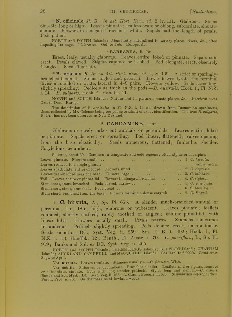 ■•■ N. officinale, R. Br. in Ait. Ilort. Kew., ed. 2, iv. 111. Glabrous. Stems 6in.-6ft. long or high. Leaves pmnafce ; leaflets ovate or oblong, subcordate, sinuate- dentate. Flowers in elongated racemes, white. Sepals half the length of petals. Pods patent. NORTH and SOUTH Islands: Abundantly naturalised in watery places, rivers, &c., often impeding drainage. Watercress. Oct. to Feb. Europe, &c. ♦BARBAREA, R. Br. Erect, leafy, usually glabrous. Leaves entire, lobed or pinnate. Sepals sub- erect. Petals clawed. Stigma capitate or 2-lobed. Pod elongate, erect, obscurely 4-angled. Seeds 1-seriate. * B. praecox, B. Br. in-Ait. Hort. Keio., ed. 2, iv. 109. A strict or sparingly- branched biennial. Stems angled and grooved. Lower leaves lyrate, the terminal division rounded or ovate, lateral in 4-8 pairs. Flowers yellow. Pods ascending, slightly spreading. Pedicels as thick as the pods.—B. australis, Hook, f., Fl. N.Z. i. 14. B. vulgaris, Hook, f., Handbk. 11. NORTH and SOUTH Islands: Naturalised in pastures, waste places, &c. American cress. Oct. to Dec. Europe. The description of B. australis in Fl. N.Z. i. 14 was drawn from Tasmanian specimens, those collected by Mr. Colenso being too young to admit of exact identification. The true B. vulgaris, R. Br,, has not been observed in New Zealand. 2. CARDAMINE, Linn. Glabrous or rarely pubescent annuals or perennials. Leaves entire^ lobed or pinnate. Sepals erect or spreading. Pod linear^ flattened; valves opening from the base elastically. Seeds numerous, flattened; funiculus slender. Cotyledons aecumbent. Species, about 60. Common in temperate and cold regions ; often alpine or subalpine. Leaves pinnate. Flowers small .. .. .. .. .. .. 1. C hirsuta. Leaves reduced to a single pinnule .. .. .. .. .. var. uniflora. Leaves spathulate, entire or lobed. Flowers small .. .. .. .. 2. C. depressa. Leaves deeply lobed near the base. Flowers large .. .. .. .. 3. C bilobata. Tall. Leaves entice or pianatifid. Flowers in elongated racemes .. .. 4. C stylosa. Stem short, stout, branched. Pods curved, narrow .. .. .. .. 5. C fastigiata. Stem short, stout, branched. Pods broad .. .. .. .. .. 6. C. latesiliqua. Stem short, branched from the base. Flowers forming a dense corymb .. 7. C Enysii. 1. C. hirsuta, L., Sj). PL 655. A slender much-branched annual or perennial, lin.-18in. high^ glabrous or pubescent. Leaves pinnate; leaflets rounded, shortly stalked, rarely toothed or angled; cauline pinnatifid, with linear lobes. Flowers usually small. Petals narrow. Stamens sometimes tetrandrous. Pedicels slightly spreading. Pods slender, erect, narrow-linear. Seeds smooth.—DC, Syst. Veg. ii. 259; Sm. E. B. t. 492; Hook, fFl. N.Z. i. 13, Handbk. 12 ; Benth., Fl. Austr. i. 70. C. parviflora, L., Sp. PI. 919; Banks and Sol. ex DC. Syst. Veg. ii. 265. NORTH and SOUTH Islands; THREE KINGS Islands; STEWART Island ; CHATHAM Islands; AUCKLAND, CAMPBELL, andMACQUARIE Islands. Sea-level to 6,000ft. Land-crcss. Sept. to April. Var. hltsuta. Leaves rosulate. Stamens usually i.—C. flexuosa, With. Var. debllis. Suberect or decumbent. Branches slender. Leaflets in 2 or 3 pairs, rounded or subcordate, sinuate. Pods with long slender pedicels. Styles long and slender.—C. dcbilis, Banks and Sol. MSS.; DC, Syst. Veg. ii. 265 ; A. Cunn., Precurs. n. 626. Sisymbrium hetcrophyllum, Forst., Prod. n. 250. On the margins of lowland woods.