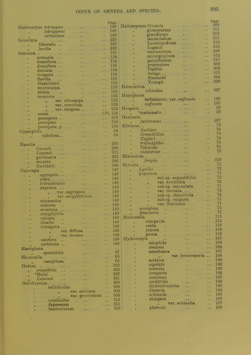 Goniocarpus tetragyna „ tetragyntis vemicosus Griselinia „ littoralis .. „ lucida Gunnera .. „ arenaria densiflora .. deiisiflora .. dentata „ dongata flavida Hamiltonii microcarpa „ mixta monoica „ var. albocarpa „ var. ramulosa „ var. strigosa .. „ ovata .. .. 153 prorepens .. „ prorepens .. „ pi-orepens, ^ Gypsophila „ tubulosa.. Haastia .. Greenii Loganii „ pulvinaris .. recurva Sinclairii Haloragis aggregata .. „ alata bibracteolata „ depressa .. var. Bggregata „ var. serpyilifoliiis „ micrantha „ minima montana .. serpyllifolia ppicata ienella tetragyna .. „ „ var. diffusa „ „ var. incana uniflora .. „ vernicosa .. Hartighsea „ svectabilis Hectorella „ caespitosa Hedera .. „ crassifolia „ 'Helix , Lessonii Helichrysum bellidioides „ var. ercctum „ var. prostratum .. coralloides „ depresBum fasciculatum Page 148 Helichrysum filicaule 148 „ glomeratum 149 „ grandiceps 225 „ lanceolatum .. ' 225 „ Leontopodium 225 „ Loganii 151 „ micranthiLm 154 „ micropliyllum 154 „ pauciflorum 155 „ prostratum 154 „ Purdiei 154 „ Selago .. 153 „ Sinclairii 155 „ Youngii 153 Helminthia 152 „ fchioides 152 Hemiphues 152 „ bellidioides, var. suffocata 152 „ suffocata 152 Hesperis .. 154 „ *matronalis.. 153 Hextonia 152 „ furfuracea.. 154 Hibiscus .. 54 „ Beckleri 54 „ diversifolius „ Tayloii 295 tridactylites 296 „ Trionum .. 311 „ vesicarius .. 295 Hieiacium 296 „ fragile .. 296 Holieria .. 147 „ Lyallii 149 „ populnca 148 „ * „ sub-sp. angustifolia 148 „ „ var. acutifolia 149 „ „ sub-sp. lanceolata 149 „ „ var. dentata ,. 149 „ „ sub-f-p. obtus-ifolia 149 „ „ sub-sp. vulgaris 149 „ „ var. Sinclairii 149 „ sexstylosa .. 149 „ Sinclairii .. 149 Huttonella .. : • 149 „ compacta 148 „ curta 148 „ juncea .. 148 „ prona .. .. 149 Hydrocotyle 149 „ alsophila amaena 87 „ americana 65 „ „ var. heteromeria 65 „ asiatica 223 „ capitata 222 „ colorata 223 „ compacta 221 „ concinna 308 /- cordifolia 308 „ dicliondraefolia 309 „ dissecta 309 „ echinella 812 elongata 311 „ „ var. echinella 3101 „ glabrata Page 309 311 .313 .311 313 .310 298 312 313 309 309 .312 309 310 357 195 195 29 29 267 73 74 73 74 73 73 . 73 , 359 71 . 72 . 71 . 72 . 72 . 71 . 72 . 72 . 71 71 . 72 71 . 115 . 115 . 116 . 116 . 116 . 187 . 189 . 189 . 187 . 188 . 190 . 190 . 190 . 190 . 187 . 190 . 189 . 188 . 187 . 187 . 187 . 188