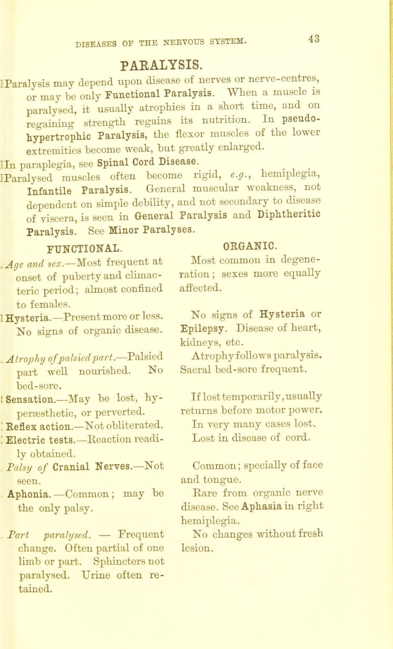 PARALYSIS. IParalysis may depend upon disease of nerves or nerve-centres, or may be only Functional Paralysis. When a muscle is paralysed, it usuaUy atrophies in a short time, and on regaining strength regains its nutrition. In pseudo- hypertrophic Paralysis, the flexor muscles of the lovrer extremities become weak, but gTcatly enlarged. Iln paraplegia, see Spinal Cord Disease. IParalysed muscles often become rigid, e.g., hemiplegia, Infantile Paralysis. General muscular weakness, not dependent on simple debility, and not secondary to disease of viscera, is seen in General Paralysis and Diphtheritic Paralysis. See Minor Paralyses. FUNCTIONAL. ORGANIC. .Age and se.r.—Most frequent at Most common in degene- onset of puberty and climac- ration ; sexes more equally teric period; almost confined affected, to females. 1 Hysteria.—Present more or less. No signs of organic disease. .Atrophy of palsied part.—Palsied part weU. nouiished. No bed-sore. 1 Sensation.—May be lost, hy- periBsthetic, or perverted. : Reflex action.—Not obliterated. '. Electric tests,—Reaction readi- ly obtained. . Palsy of Cranial Nerves.—Not seen. Aphonia.—Common; may be the only palsy. Fart paralysed. — Frequent change. Often partial of one Umb or part. Sphincters not paralysed. Urine often re- tained. No signs of Hysteria or Epilepsy. Disease of heart, kidneys, etc. Atrophy follows paralysis. Sacral bed-sore frequent. If lost temporarily, usuaUy returns before motor power. In very many cases lost. Lost in. disease of cord. Common; specially of face and tongue. Rare from organic nerve disease. See Aphasia in right hemiplegia. No changes without fresh lesion.