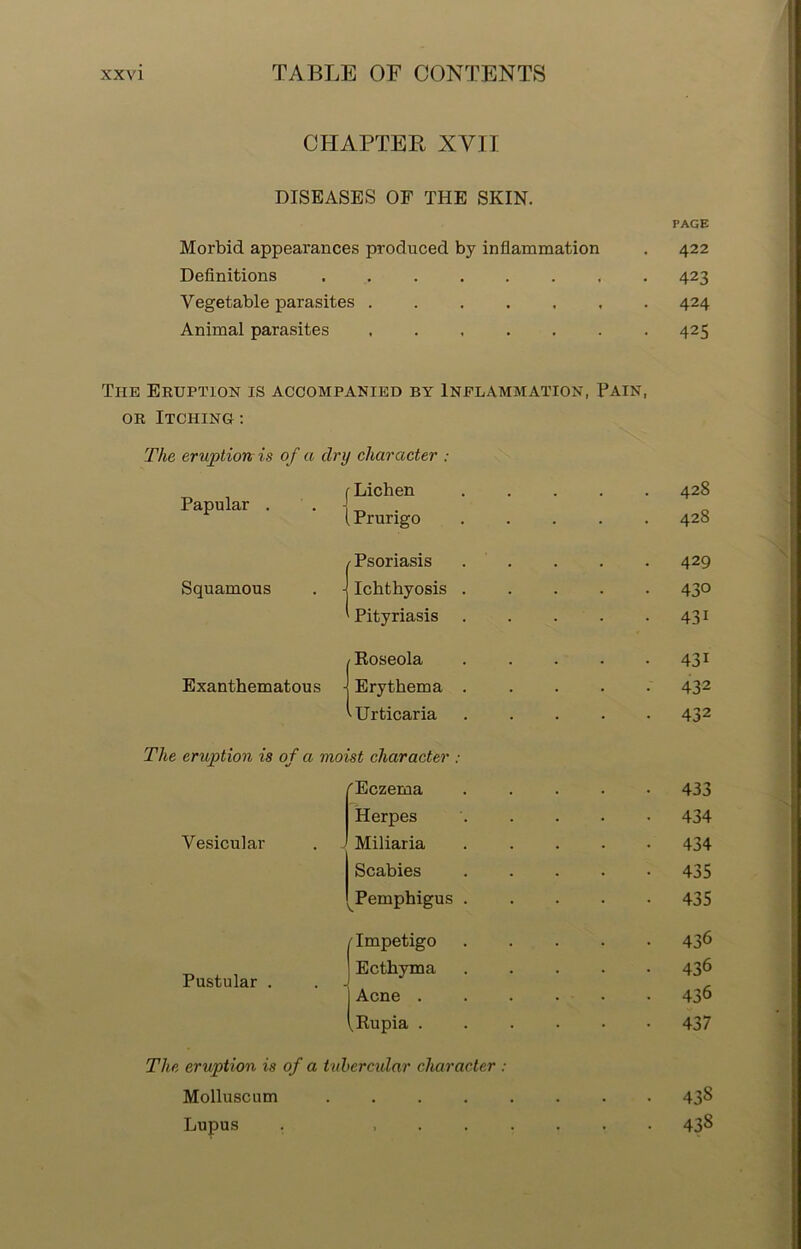 CHAPTER XVII DISEASES OF THE SKIN. Morbid appearances produced by inflammation PAGE 422 Definitions 423 Vegetable parasites 424 Animal parasites 425 The Eruption is accompanied by Inflammation, Pain, or Itching: The eruption is of a dry character : Papular . Lichen 428 Prurigo 428 Psoriasis 429 Squamous Ichthyosis 430 Pityriasis ..... 431 Roseola ..... 431 Exanthematous • Erythema ..... 432 '■Urticaria 432 The eruption is of a moist character : 'Eczema . 433 Herpes ..... 434 Vesicular Miliaria ..... 434 Scabies 435 vPemphigus ..... 435 /Impetigo 436 Pustular . Ecthyma 436 Acne 436 vRupia 437 The eruption is of a tubercular character : Mollusc urn ....... 438 Lupus 438