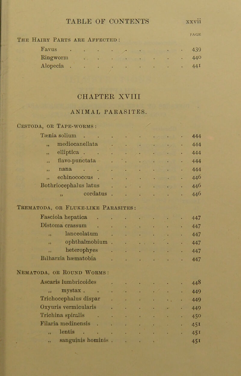 l'AGE The Hairy Parts are Affected : Favus ...... . . 439 Ringworm ........ 440 Alopecia 441 CHAPTER XVIII ANIMAL PARASITES. Cestoda, or Tape-worms : Tsenia solium 444 „ mediocanellata ...... 444 „ elliptica 444 ,, flavo-punctata 444 ,, nana 444 ,, echinococcus ....... 446 Bothriocephalus latus ...... 446 „ cordatus ...... 446 Trematoda, or Fluke-like Parasites : Fasciola hepatica 447 Distoma crassum ....... 447 „ lanceolatum ...... 447 „ ophthalmobium . . ... . . 447 ,, heterophyes 447 Bilharzia haematobia . . . . . 447 Nematoda, or Round Worms : Ascaris lumbricoides ...... 448 ,, mystax ........ 449 Trichocephalus dispar , . 449 Oxyuris vermicularis ...... 449 Trichina spiralis ....... 450 Filaria medinensis . . . . . .451 „ lentis .451 „ sanguinis hominis .... 451