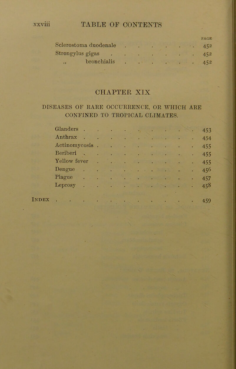 PAGE Sclerostoma duodenale ...... 452 Strongylus gigas 452 ,, bronchialis 452 CHAPTER XIX DISEASES OF RARE OCCURRENCE, OR WHICH ARE CONFINED TO TROPICAL CLIMATES. Glanders 453 Anthrax 454 Actinomycosis 455 Beriberi 455 Yellow fever 455 Dengue 456 Plague 457 Leprosy ......... 458 Index ........... 459