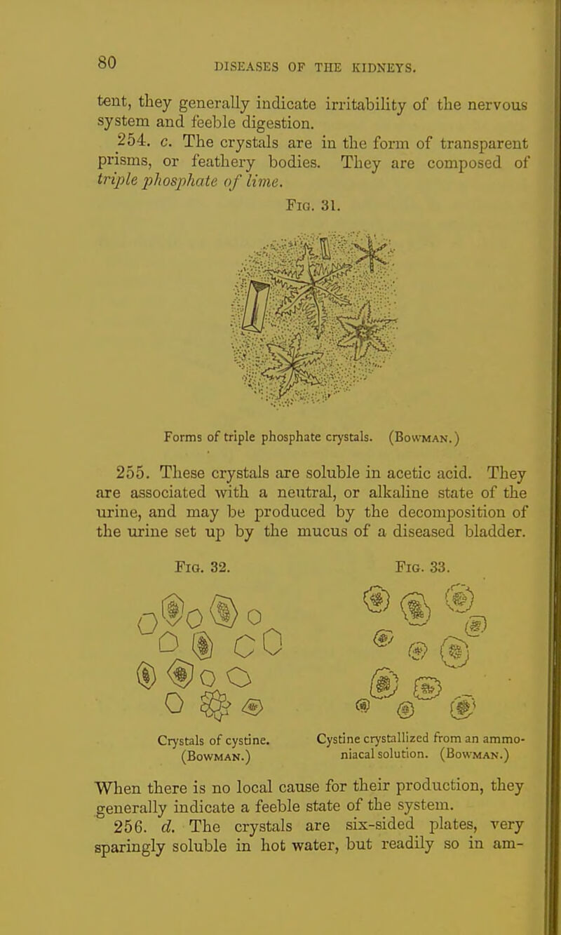 tent, they generally indicate irritability of the nervous system and feeble digestion. 254. c. The crystals are in the form of transparent prisms, or feathery bodies. They are composed of triple phosjihate of lime. Fig. 31. Forms of triple phosphate crystals. (Bowman. ) 255. These crystals are soluble in acetic acid. They are associated with a neutral, or alkaline state of the urine, and may be produced by the decomposition of the urine set up by the mucus of a diseased bladder. Fig. 32. Fig. 33. o Crystals of cystine. (Bowman.) Cystine crystallized from an ammo- niacal solution. (Bowman.) When there is no local cause for their production, they generally indicate a feeble state of the system. 256. d. The crystals are six-sided_ plates, very sparingly soluble in hot water, but readily so in am-