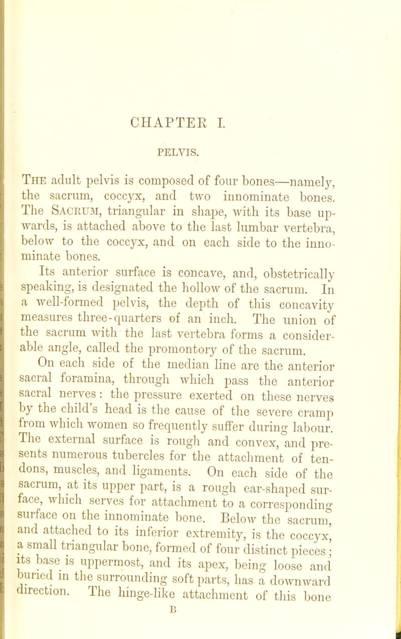 PELVIS. The adult pelvis is composed of four bones—namelj^, the sacrum, coccyx, and two innominate bones. The Sacrum, triangular in shape, with its base up- wards, is attached above to the last lumbar vertebra, below to the coccyx, and on each side to the inno- minate bones. Its anterior surface is concave, and, obstetrically speaking, is designated the hollow of the sacrum. In a well-formed pelvis, the depth of this concavity measures three-quarters of an inch. The union of the sacrum with the last vertebra forms a consider- able angle, called the promontory of the sacrum. On each side of the median line are the anterior sacral foramina, through which pass the anterior sacral nerves : the pressure exerted on these nerves by the child's head is the cause of the severe cramp from which women so frequently suffer during labour. The external surface is rough and convex, and pre- sents numerous tubercles for the attachment of ten- dons, muscles, and ligaments. On each side of the sacrum, at its upper part, is a rough ear-shaped sur- face, which serves for attachment to a corresponding surface on the innominate bone. Below the sacrum^ and attached to its inferior extremity, is the coccyx', a small triangular bone, formed of four distinct pieces \ Its base is uppermost, and its apex, being loose and buried in the surrounding soft parts, has a downward direction. The hinge-like attachment of this l^one B
