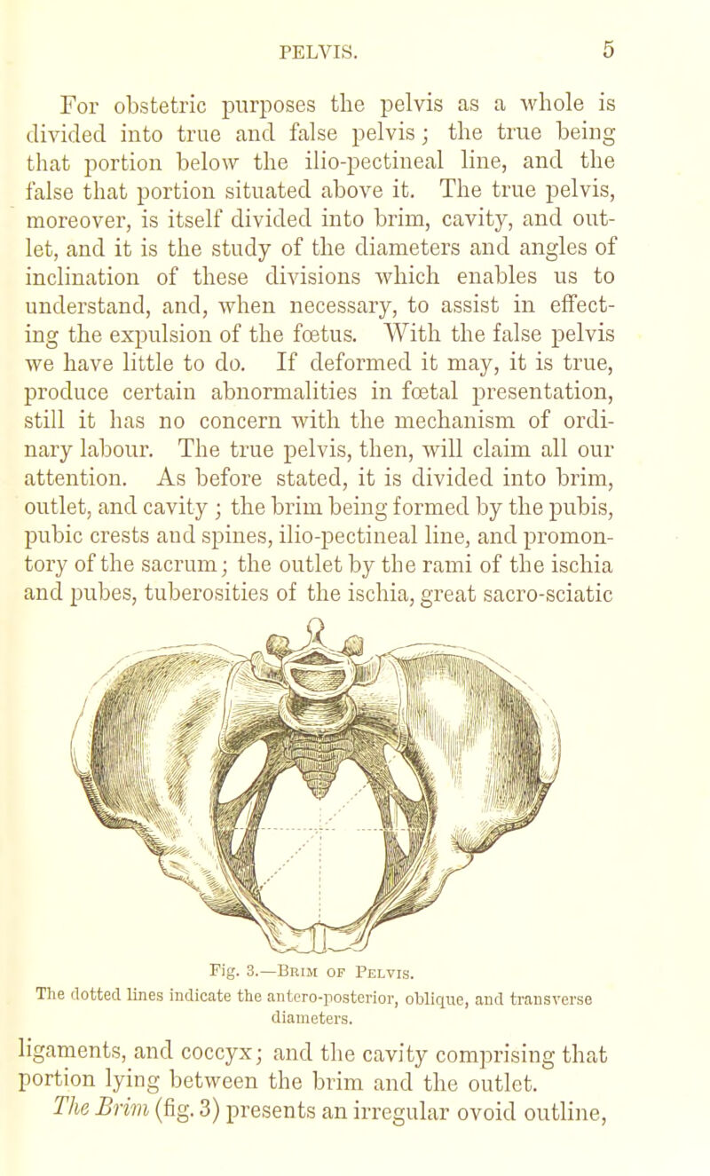 For obstetric purposes the pelvis as a wliole is divided into true and false pelvis; the true being that portion below the ilio-pectineal line, and the false that portion situated above it. The true pelvis, moreover, is itself divided into brim, cavity, and out- let, and it is the study of the diameters and angles of inclination of these divisions which enables us to understand, and, when necessary, to assist in effect- ing the expulsion of the foetus. With the false pelvis we have little to do. If deformed it may, it is true, produce certain abnormalities in fcetal presentation, still it has no concern with the mechanism of ordi- nary labour. The true pelvis, then, will claim all our attention. As before stated, it is divided into brim, outlet, and cavity; the brim being formed by the pubis, pubic crests and spines, ilio-pectineal line, and promon- tory of the sacrum; the outlet by the rami of the ischia and pubes, tuberosities of the ischia, great sacro-sciatic Fig. 3.—Brim of Pelvis. The [lotted lines indicate the antcro-rosterior, oblique, and transverse diameters. ligaments, and coccyx; and the cavity comprising that portion lying between the brim and the outlet. The Brim (fig. 3) presents an irregular ovoid outline.