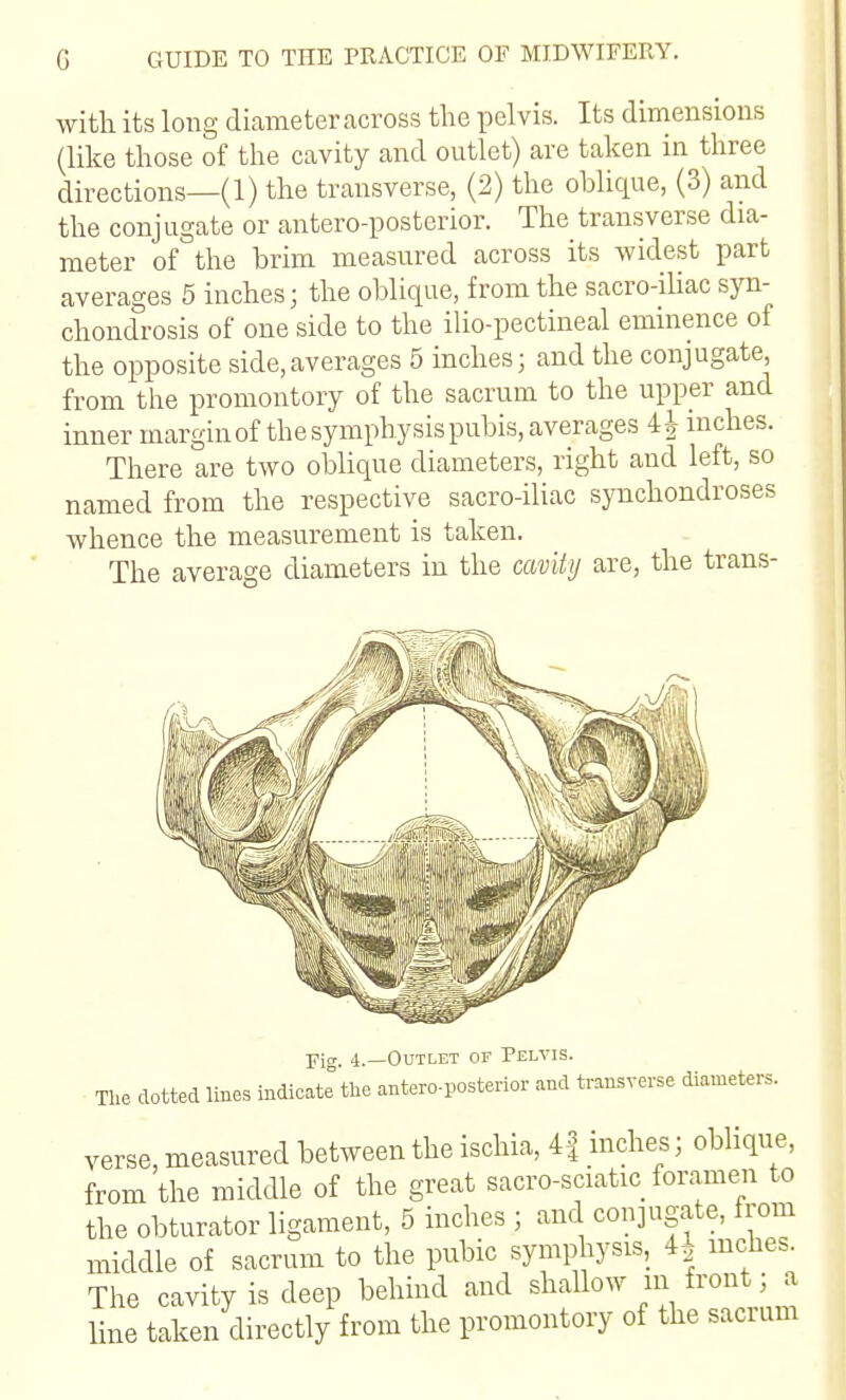 with its long diameter across the pelvis. Its dimensions (like those of the cavity and outlet) are taken in three directions—(1) the transverse, (2) the oblique, (3) and the conjugate or antero-posterior. The transverse dia- meter of the brim measured across its widest part averages 5 inches; the oblique, from the sacro-ihac syn- chondrosis of one side to the ilio-pectineal eminence of the opposite side,averages 5 inches; and the conjugate, from the promontory of the sacrum to the upper and inner margin of the symphysis pubis, averages 4|- inches. There are two oblique diameters, right and left, so named from the respective sacro-iHac synchondroses whence the measurement is taken. The average diameters in the caviiy are, the trans- Fi. 4.—Outlet or Pelvis. The dotted lines indicate the antero-posterior and transverse diameters. verse, measured between the ischia, 4| inches; oblique, from the middle of the great sacro-sciatic foramen to the obturator ligament, 5 inches ; and conjugate, from middle of sacrum to the pnbic symphysis, 4| mches. The cavity is deep behind and shallow m front; a line taken directly from the promontory of the sacrum