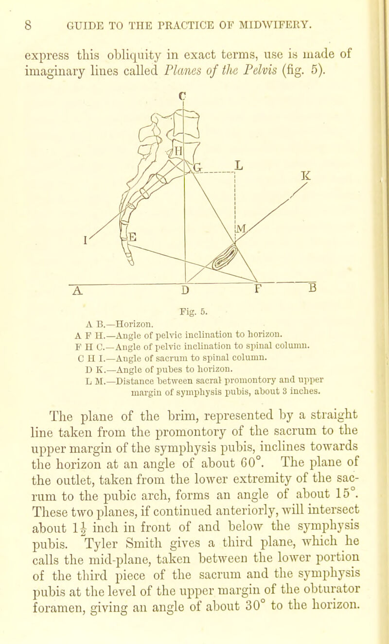 express this obliquity in excact terms, use is made of imaginary lines called Planes of the Pelvis (fig. 5). C A B.—Horizon. A F H.—Angle of pelvic inclination to horizon, p H C—Angle of jielvic inclination to spinal colunui. C H I.—Angle of sacrum to spinal column. D K.—Angle of pubes to horizon. L M.—Distance between sacral promontory and upper margin of symphysis pubis, about 3 inches. The plane of the brim, represented by a straight line taken from the promontory of the sacrum to the upper margin of the symphysis pubis, inclines towards the horizon at an angle of about 60°. The plane of the outlet, taken from the lower extremity of the sac- rum to the pubic arch, forms an angle of about 15°. These two planes, if continued anteriorly, Avill intersect about 1|- inch in front of and below the symphysis pubis. *Tyler Smith gives a third plane, which he calls the mid-plane, taken between the lower portion of the third piece of the sacrum and the symphysis pubis at the level of the upper margin of the obturator foramen, giving an angle of about 30° to the horizon.