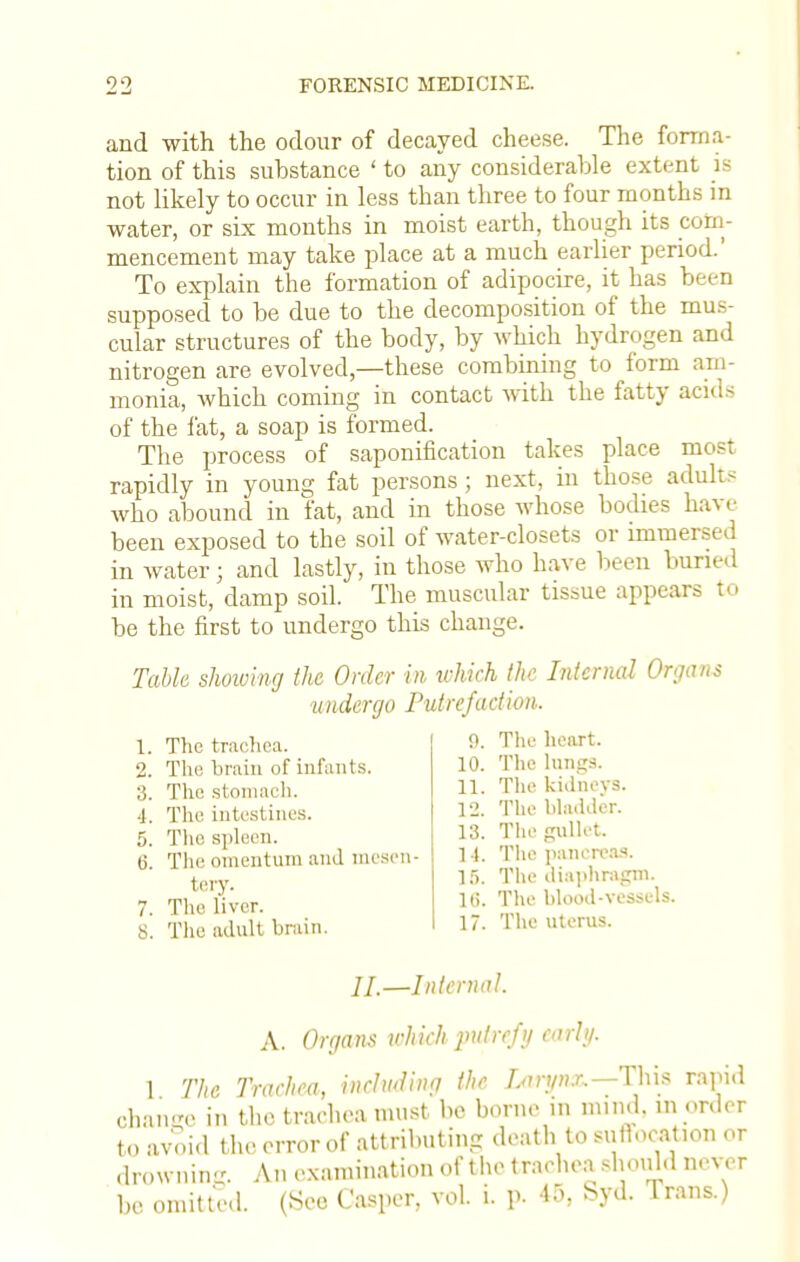 and with the odour of decayed cheese. The forma- tion of this substance ' to any considerable extent is not likely to occur in less than three to four months in water, or six months in moist earth, though its com- mencement may take place at a much earlier period.' To explain the formation of adipocire, it has been supposed to be due to the decomposition of the mus- cular structures of the body, by which hydrogen and nitrogen are evolved—these combining to form am- monia, which coming in contact with the fatty acids of the fat, a soap is formed. The process of saponification takes place most rapidly in young fat persons; next, in those adults who abound in fat, and in those whose bodies have been exposed to the soil of water-closets or immersed in water; and lastly, in those who have been buried in moist, damp soil. The muscular tissue appears to be the first to undergo this change. Table showing the Order in ivhich the Internal Organs undergo Putrefaction. 1. The trachea. 2. The brain of infants. 3. The stomach, j. The intestines. 5. The spleen. 6. The omentum and mesen- tery. 7. The liver. S. The adult brain. 0. The heart. 10. The lungs. 11. The kidneys. 12. The bladder. 13. Thegullet 14. The pancreas. 15. The diaphragm. 16. The blood-vessels. 17. The uterus. II,—Internal. A. Organs which putrefy early. 1 The Trachea, including the Larynx.—This rapid change in the trachea must be borne in mind, m order to avoid the error of attributing death to sutWatmn or drowning. An examination of the trachea shouH never be omitted. (See Casper, vol. i. p. 45, Syd. Trans.)