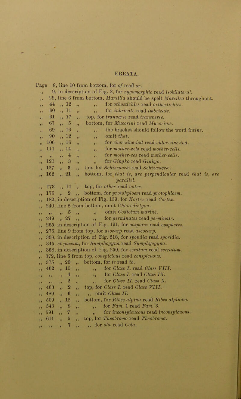 ERRATA. Page 8, line 10 from bottom, for of read or. „ 9, in description of Fig. 2, for zygomorphic read isobilateral. yy 44 J* 12 yy 60 yy 11 yy 61 yy 17 yy 67 yy 5 J 9 69 yy 16 y y 90 yy 12 yy 106 yy 16 y y 117 yy 14 yy y y y y 4 yy 121 yy 3 yy 127 yy 3 yy 162 yy 21 yy 173 yy 14 yy 176 yy 2 yy 182, in desi ,, for othostichies read orthostichies. ,, for inbricate read imbricate. top, for tranverse read transverse. bottom, for Mucorini read Mueorince. ,, the bracket should follow the word intine. ,, omit that. ,, for clior-zinc-iod read chlor-zinc-iod. ,, for mother-cels read mother-cells. ,, for mother-ces read mother-cells. „ for Gingko read Ginkgo. top, for Scliizeaccce read Schizceacecc. bottom, for that is, are perpendicular read that is, are parallel. top, for other read outer. bottom, for protohploem read protophloem. 182, in description of Fig. 139, for Kortex read Cortex. 240, line 8 from bottom, omit Chlorodictyon. ,, „ 5 ,, ,, omit Codiolum marine. 249 ,, 27 ,, „ for germinates read germinate. 265, in description of Fig. 191, for oospores read oospheres. 276, line 9 from top, for asocarp read ascocarp. 308, in description of Fig. 218, for spondia read sporidia. 345, et passim, for Syrnphogyna read Symphyogyna. 368, in description of Fig. 250, for seratum read serration. 372, line 6 from top, conspicious read conspicuous. 375 „ 20 n bottom, for te read to. 462 „ 15 yy ,, for Class I. read Class VIII. yy • y 4 yy ,, for Class I. read Class IX. yy yy 2 yy ,, for Class II. read Class X. 463 „ 2 yy top, for Class I. read Class VIII. 489 „ 6 yy ,, omit Class II. 509 „ 12 yy bottom, for Ribes alpina read Ribes alpinum. 543 „ 8 yy ,, for Fain. 1 read Fam. 3. 591 „ 7 y y ,, for inconspicucous read inconspicuous 611 „ 5 yy top, for Theobromo read Theobroma. yy yy yy