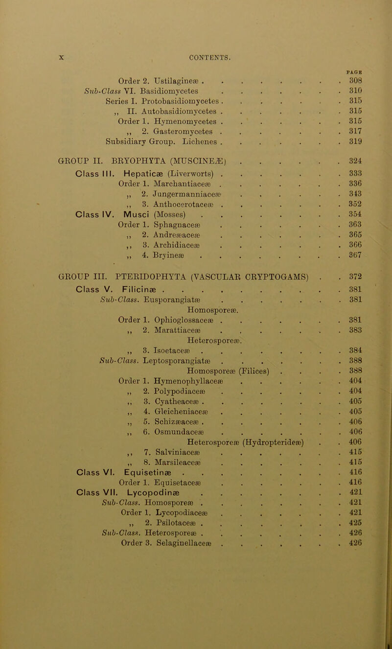 PiGB Order 2. Ustilagineae . Sub-Glass YI. Basidiomycetes Series I. Protobasidiomycetes . ,, II. Autobasidiomyeetes . Order 1. Hymenomycetes . ,, 2. Gasteromycetes . Subsidiary Group. Lichenes . GROUP II. BRYOPHYTA (MUSCINE.E) Class III. Hepaticae (Liverworts) . Order 1. Marchantiaceae . „ 2. Jungermanniaceae „ 3. Anthocerotaceae . Class IV. Musci (Mosses) Order 1. Sphaguacere ,, 2. Andreaeaceae ,, 3. Archidiaceae ,, 4. Bryinese GROUP III. PTERIDOPHYTA (VASCULAR CRYPTOGAMS) . . 372 Class V. Filicinae 381 Sub-Class. Eusporangiatae ....... 381 Homosporeae. Order 1. Opliioglossaceae 381 ,, 2. Marattiaeete ....... 383 Heterosporeae. ,, 3. Isoetaceae 384 Sub-Class. Leptosporangiatas 388 Homosporeae (Filices) .... 388 Order 1. Hymenopliyllaceae 404 ,, 2. Polypodiaceae 404 ,, 3. Cyatheaceae 405 ,, 4. Gleicheniaceas ....... 405 ,, 5. Schizseacese 406 ,, 6. Osmundaceaa 406 Heterosporese (Hydropteridea?) . . 406 ,, 7. Salviniacere 415 ,, 8. Marsileacese . . . . . . .415 Class VI. Equisetinae 416 Order 1. Equisetaceae 416 Class VII. Lycopodinae 421 Sub-Class. Homosporeae . . 421 Order 1. Lycopodiaceae 421 ,, 2. Psilotaceae 425 Sub-Class. Heterosporese ........ 426 Order 3. Selagiuellaceae . 426 . 310 . 315 . 315 . 315 . 317 . 319 . 324 . 333 . 336 . 343 . 352 . 354 . 363 . 365 . 366 . 367