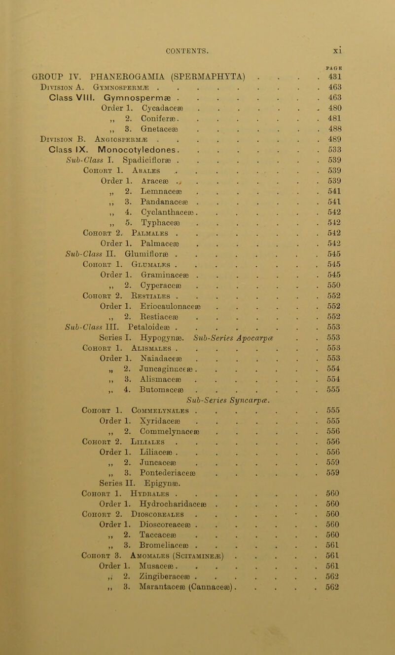 PAGE GROUP IY. PHANEROGAMIA (SPERMAPHYTA) . . . .431 Division A. Gymnosperm.® ......... 463 Class VIII. Gymnospermae 463 Order 1. Cycadaceae ....... 480 „ 2. Coniferae. ....... 481 ,, 3. Gnetaceae 488 Division B. Angiosperm.® ......... 489 Class IX. Monocotyledones 533 Sub-Class I. Spadicifloras ........ 539 Cohort 1. Akales ........ 539 Order 1. Araceae ...... 539 „ 2. Lemnaceas 541 ,, 3. Pandanaceae ....... 541 ,, 4. Cyclanthaceei....... 542 „ 5. Typhaceas 542 Cohort 2. Palmales 542 Order 1. Palmaceae ....... 542 Sub-Class II. Glumiflorae ........ 545 Cohort 1. Glumales ........ 545 Order 1. Graminaceae ....... 545 ,, 2. Cyperaceae , 550 Cohort 2. Restiales ........ 552 Order 1. Eriocaulonaceae ...... 552 ,, 2. Restiaceae ....... 552 Sub-Class III. Petaloideas ........ 553 Series I. Hypogynae. Sub-Series Apocarpee . . 553 Cohort 1. Alismales ........ 553 Order 1. Naiadaceae ....... 553 „ 2. Juncaginaceae. ...... 554 ,, 3. Alismaceae ....... 554 „ 4. Butomaceas ....... 555 Sub-Series Syncarpce. Cohort 1. Commelynales ....... 555 Order 1. Xyridaceae 555 „ 2. Commelynaceaa ...... 556 Cohort 2. Liliales 556 Order 1. Liliaceae 556 ,, 2. Juncaceae 559 „ 3. Pontederiaceae 559 Series II. Epigynae. Cohort 1. Hydrales 560 Order 1. Hydrocharidaceae 560 Cohort 2. Dioscoreales • . 560 Order 1. Dioscoreacea) 560 ,, 2. Taccaceae 560 „ 3. Bromeliaceao 561 Cohort 3. Amomales (Scitamine/e) 561 Order 1. Musaceae 561 2. Zingiberaceae 562 ,, 3. Marantaceae (Cannaceae) 562