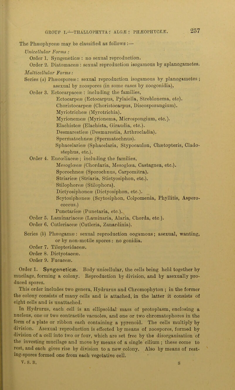 The Phfeophycea? may be classified as follows :— Unicellular Forms : Order 1. Syngeneticfe : no sexual reproduction. Order 2. Diatomacete : sexual reproduction isogamous by aplanogametes. Multicellular Forms: Series (a) Phteosporere: sexual reproduction isogamous by planogametes; asexual by zoospores (in some cases by zoogonidia). Order 3. Ectocarpacere : including the families, Ectocarpere (Ectocarpus, Pylaiella, Streblonema, etc). Cbox-istocarpese (Choristocarpus, Discosporangium). Myriotricheae (Myrotrichia).. Myrionemese (Myrionema, Microspongium, etc.). Elachistexe (Elachista, Giraudia, etc.). Desmarestiexe (Desmarestia, Artbrocladia). Spermatocbneffi (Spermatochnus). Spbacelariene (Spbacelaria, Stypocaulon, Chastopteris, Clado- stephus, etc.). Order 4. Encosliaceas ; including the families, Mesogloeeax (Chordaria, Mesoglcea, Castagnea, etc.). Sporochnese (Sporocbnus, Carpomitra). Striariese (Striaria, Stictyosiphon, etc.). Stilophorese (Stilophora). Dictyosipbonese (Dictyosiphon, etc.). Scytosiphonete (Scytosipbon, Colpomenia, Pbyllitis, Aspero- coccus.) Punctariexe (Punctaria, etc.). Order 5. Laminariacete (Laminaria, Alaria, Chorda, etc ). Order 6. Cutleriaceae (Cutleria, Zanardinia). Series (b) Phaeogamse: sexual reproduction oogamous; asexual, wanting, or by non-motile spores : no gonidia. Order 7. Tilopteridacete. Order 8. Dictyotaceae. Order 9. Fucacexe. Order 1. Syngeneticae. Body unicellular, the cells being held together by mucilage, forming a colony. Reproduction by division, and by asexually pro- duced spores. This order includes two genera, Hydrurus and Chromophyton ; in the former the colony consists of many cells and is attached, in the latter it consists of eight cells and is unattached. In Hydrurus, each cell is an ellipsoidal mass of protoplasm, enclosing a nucleus, one or two contractile vacuoles, and one or two chromatophores in the form of a plate or ribbon each containing a pyrenoid. The cells multiply by division. Asexual reproduction is effected by means of zoospores, formed by division of a cell into two or four, which are set free by the disorganisation of the investing mucilage and move by means of a single cilium ; these come to rest, and each gives rise by division to a new colony. Also by means of rest- ing-spores formed one from each vegetative cell. V. s. B. S