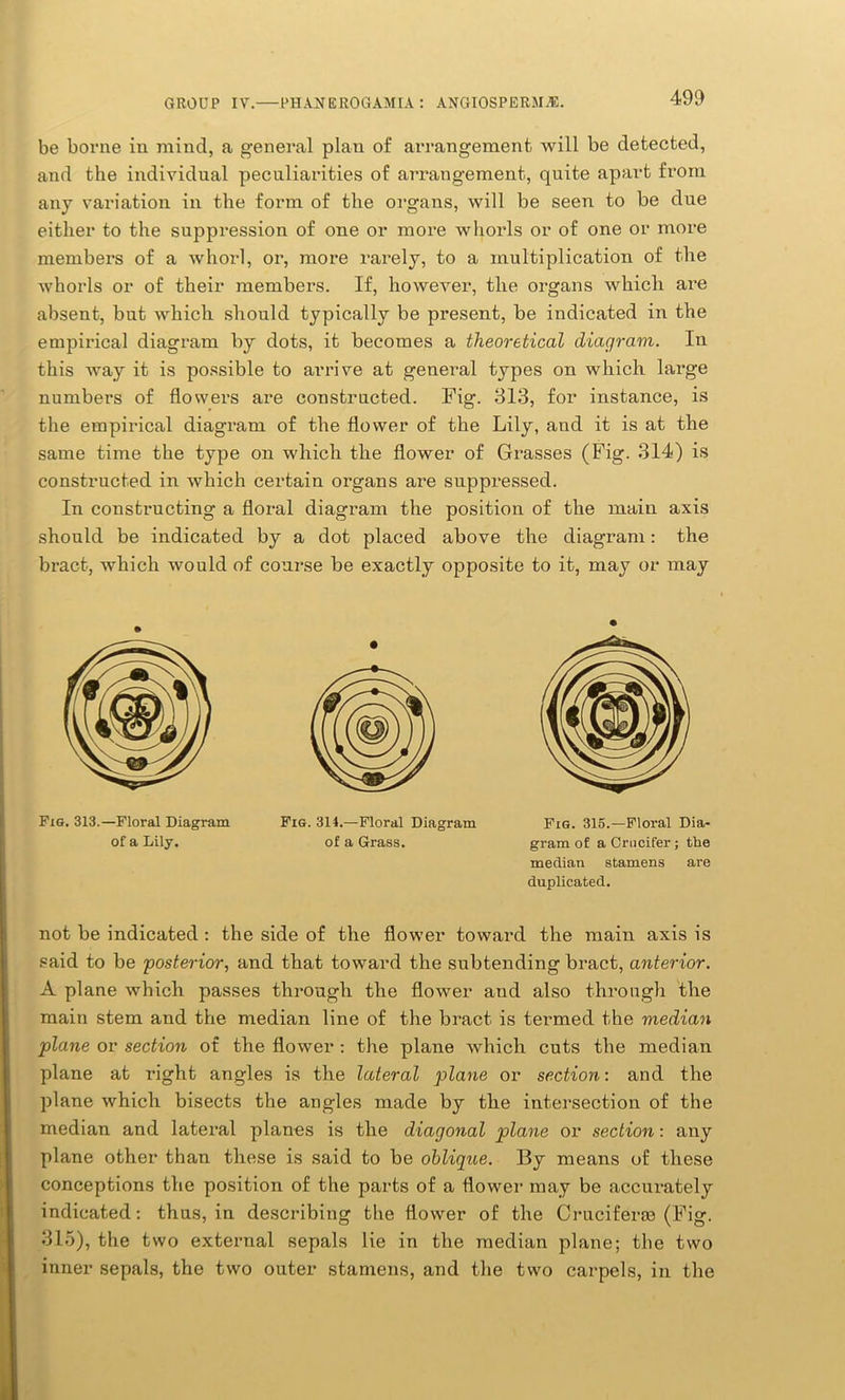 be borne in mind, a general plan of arrangement will be detected, and the individual peculiarities of arrangement, quite apart from any variation in the form of the organs, will be seen to be due either to the suppression of one or more whorls or of one or more members of a whorl, or, more rarely, to a multiplication of the whorls or of their members. If, however, the organs which are absent, but which should typically be present, be indicated in the empirical diagram by dots, it becomes a theoretical diagram. In this way it is possible to arrive at general types on which large numbers of flowers are constructed. Fig. 313, for instance, is the empirical diagram of the flower of the Lily, and it is at the same time the type on which the flower of Grasses (Fig. 314) is constructed in which certain organs are suppressed. In constructing a floral diagram the position of the main axis should be indicated by a dot placed above the diagram: the bract, which would of course be exactly opposite to it, may or may Fig. 313.—Floral Diagram of a Lily. Fig. 314.—Floral Diagram of a Grass. Fig. 315.—Floral Dia- gram of a Crucifer; the median stamens are duplicated. not be indicated : the side of the flower toward the main axis is said to be posterior, and that toward the subtending bract, anterior. A plane which passes through the flower and also through the main stem and the median line of the bract is termed the median plane or section of the flower : the plane which cuts the median plane at right angles is the lateral plane or section: and the plane which bisects the angles made by the intersection of the median and lateral planes is the diagonal plane or section: any plane other than these is said to be oblique. By means of these conceptions the position of the parts of a flower may be accurately indicated: thus, in describing the flower of the Cruciferge (Fig. 315), the two external sepals lie in the median plane; the two inner sepals, the two outer stamens, and the two carpels, in the