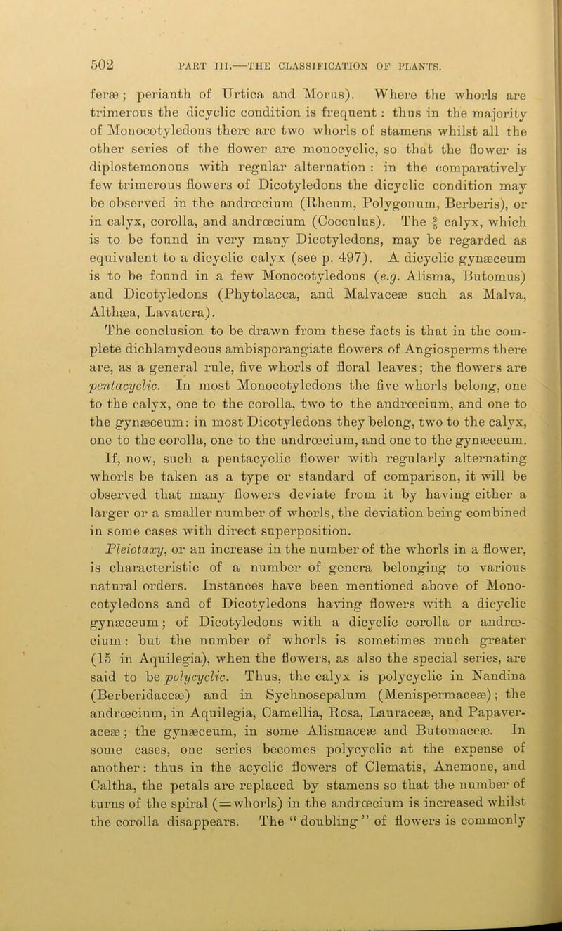 ferae ; perianth of Urtica and Moms). Where the whorls are trimerous the dicyclic condition is frequent : thus in the majority of Monocotyledons there are two whorls of stamens whilst all the other series of the flower are monocyclic, so that the flower is diplostemonous with regular alternation : in the comparatively few trimerous flowers of Dicotyledons the dicyclic condition may be observed in the andrcecium (Rheum, Polygonum, Berberis), or in calyx, corolla, and androecium (Cocculus). The f calyx, which is to be found in very many Dicotyledons, may be regarded as equivalent to a dicyclic calyx (see p. 497). A dicyclic gynaeceum is to be found in a few Monocotyledons (e.g. Alisma, Butomus) and Dicotyledons (Phytolacca, and Malvaceae such as Malva, Althaea, Lavatera). The conclusion to be drawn from these facts is that in the com- plete dichlamydeous ambisporangiate flowers of Angiosperms there are, as a general rule, five whorls of floral leaves; the flowers are pentacyclic. In most Monocotyledons the five whorls belong, one to the calyx, one to the corolla, two to the androecium, and one to the gynaeceum: in most Dicotyledons they belong, two to the calyx, one to the corolla, one to the andrcecium, and one to the gynaeceum. If, now, such a pentacyclic flower with regularly alternating whorls be taken as a type or standard of comparison, it will be observed that many flowers deviate from it by having either a larger or a smaller number of whorls, the deviation being combined in some cases with direct superposition. Pleiotaxy, or an increase in the number of the whorls in a flower, is characteristic of a number of genera belonging to various natural orders. Instances have been mentioned above of Mono- cotyledons and of Dicotyledons having flowers with a dicyclic gynaeceum; of Dicotyledons with a dicyclic corolla or andrce- cium : but the number of whorls is sometimes much greater (15 in Aquilegia), when the flowers, as also the special series, are said to be polycyclic. Thus, the calyx is polycyclic in Randina (Berberidaceae) and in Sychnosepalum (Menispermaceae); the andrcecium, in Aquilegia, Camellia, Rosa, Lauraceae, and Papaver- aceae ; the gynaeceum, in some Alismaceae and Butomaceae. In some cases, one series becomes polycyclic at the expense of another: thus in the acyclic floAvers of Clematis, Anemone, and Caltha, the petals are replaced by stamens so that the number of turns of the spiral (= whorls) in the androecium is increased whilst the corolla disappears. The “ doubling ” of flowers is commonly