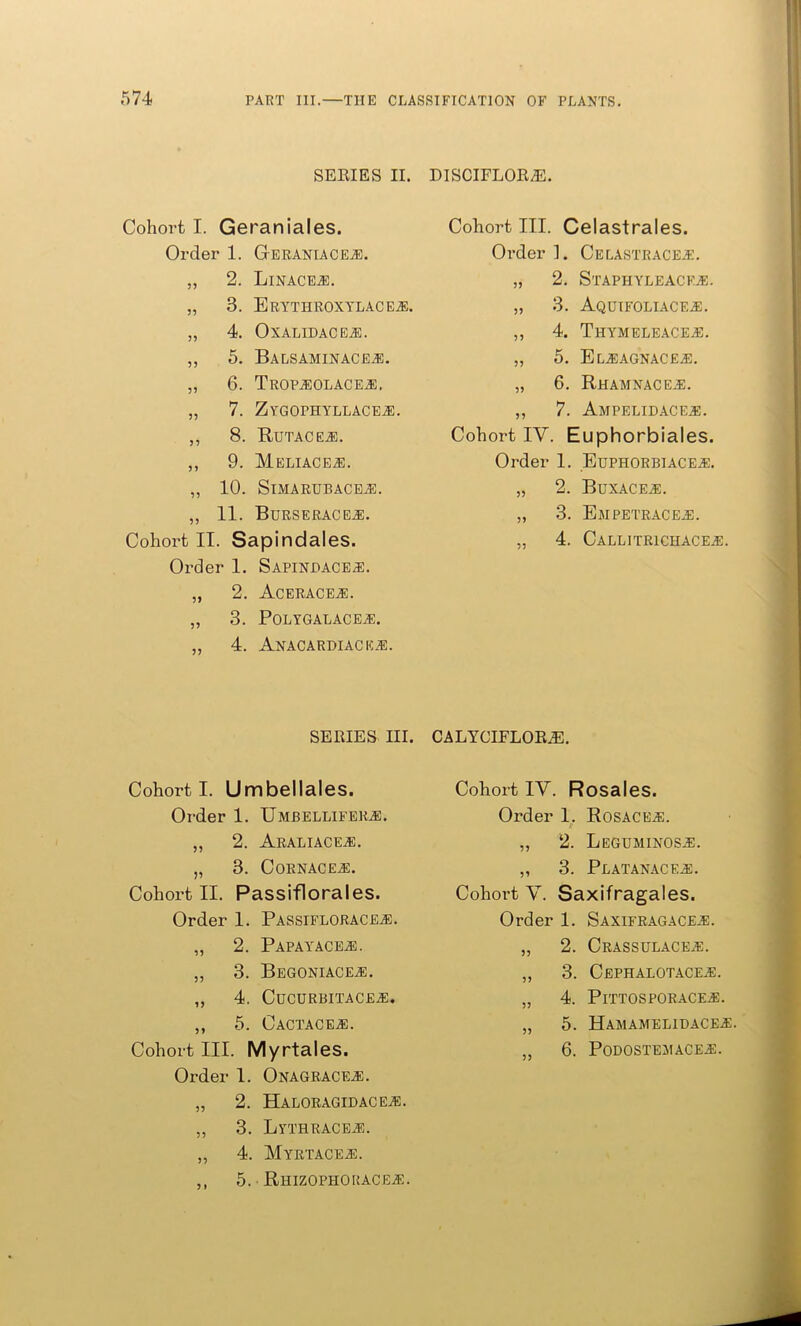 SERIES II. DISCIFLOR^E. Cohort I. Geraniales. Order 1. Geraniacea. „ 2. Linacea. „ 3. ErYTIIROXYLACEA. „ 4. OXALIDACEA. ,, 5. Balsaminacea. „ 6. Tropaolacea. „ 7. Zygophyllacea. ,, 8. Rutacea. ,, 9. Meliacea. ,, 10. SlMARUBACEA. ,, 11. Burseracea. Cohort II. Sapindales. Order 1. Sapindacea. „ 2. Aceracea. „ 3. POLYGALACEA. „ 4. Anacardiacka. Cohort III. Celastrales. Order ]. Celastracea. „ 2. Staphyleacea. „ 3. AqUIFOLIACF.A. ,, 4. ThYMELEACEA. „ 5. ElAAGNACEA. „ 6. Rhamnacea. ,, 7. Ampelidacea. Cohort IY. Euphorbiales. Order 1. Euphorbiacea. „ 2. Buxacea. „ 3. Ejipetracea. 4. Callitrichacea. SERIES III. CALYCIFLORyE. Cohort I. Umbellales. Order 1. Umbellifera. ,, 2. Araliacea. „ 3. Cornacea. Cohort II. Passiflorales. Order 1. Passifloracea. „ 2. Papayacea. „ 3. Begoniacea. ,, 4. Cucurbitacea. ,, 5. Cactacea. Cohort III. Myrtales. Order I. Onagracea. „ 2. Haloragidacea. „ 3. Lythracea. „ 4. Myrtacea. 5. Rhizophoracea. Cohort IY. Rosales. Order 1. Rosacea:. „ 2. Leguminosa. „ 3. Platanacf.a. Cohort Y. Saxifragales. Order 1. Saxifragacea. „ 2. Crassulacea. „ 3. Cephalotacea. „ 4. PlTTOSPORACEA. „ 5. Hamamelidacea. „ 6. Podostemacea.