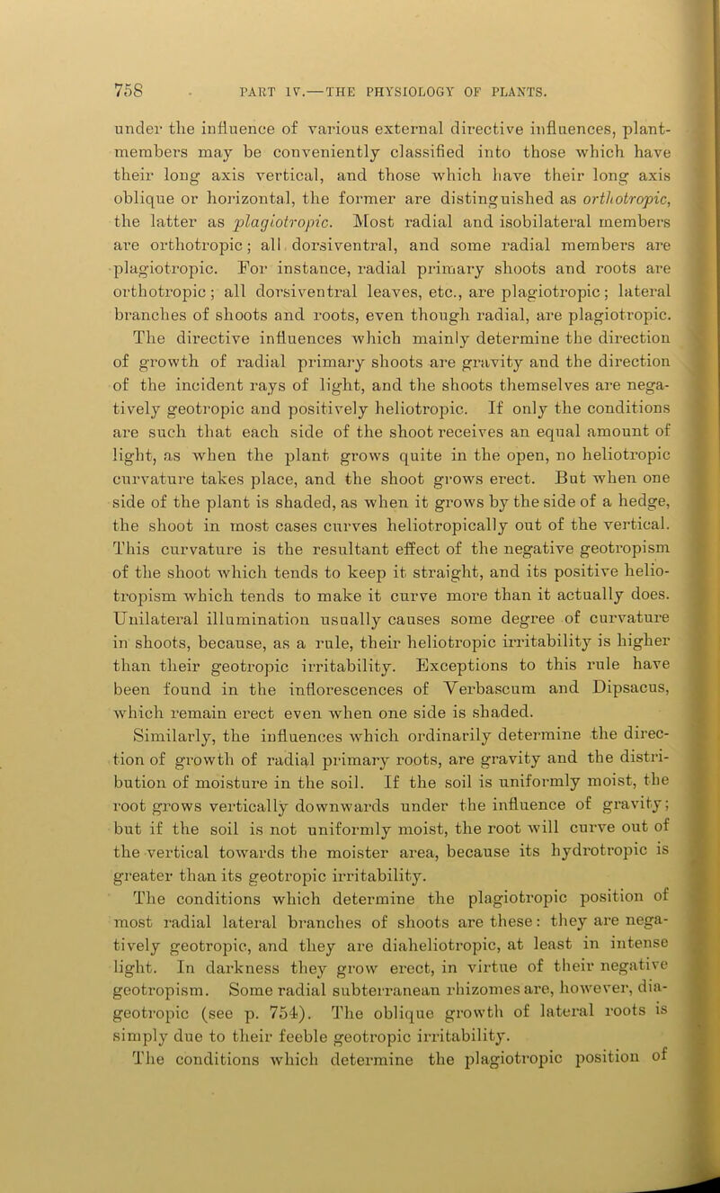 under the influence of various external directive influences, plant- members may be conveniently classified into those which have their long axis vertical, and those which have their long axis oblique or horizontal, the former are distinguished as orthotropic, the latter as plagiotropic. Most radial and isobilateral members are orthotropic; all dorsiventral, and some radial members are plagiotropic. For instance, radial primary shoots and roots are orthotropic; all dorsi ventral leaves, etc., are plagiotropic; lateral branches of shoots and roots, even though radial, are plagiotropic. The directive influences which mainly determine the direction of growth of radial primary shoots are gravity and the direction of the incident rays of light, and the shoots themselves are nega- tively geotropic and positively heliotropic. If only the conditions are such that each side of the shoot receives an equal amount of light, as when the plant grows quite in the open, no heliotropic curvature takes place, and the shoot grows erect. But when one side of the plant is shaded, as when it grows by the side of a hedge, the shoot in most cases curves heliotropically out of the vertical. This curvature is the resultant effect of the negative geotropism of the shoot which tends to keep it straight, and its positive lielio- tropism which tends to make it curve more than it actually does. Unilateral illumination usually causes some degree of curvature in shoots, because, as a rule, their heliotropic irritability is higher than their geotropic irritability. Exceptions to this rule have been found in the inflorescences of Verbascum and Dipsacus, which remain erect even when one side is shaded. Similarly, the influences which ordinarily determine the direc- tion of growth of radial primary roots, are gravity and the distri- bution of moisture in the soil. If the soil is uniformly moist, the root grows vertically downwards under the influence of gravity; but if the soil is not uniformly moist, the root will curve out of the vertical towards the moister area, because its hydrotropic is greater than its geotropic irritability. The conditions which determine the plagiotropic position of most radial lateral branches of shoots are these: they are nega- tively geotropic, and they are diaheliotropic, at least in intense light. In darkness they grow erect, in virtue of their negative geotropism. Some radial subterranean rhizomes are, however, dia- geotropic (see p. 754). The oblique growth of lateral roots is simply due to their feeble geotropic irritability. The conditions which determine the plagiotropic position of