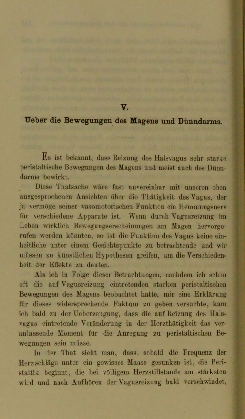 Ueber die Bewegungen des Magens und Dünndarms. Es ist bekannt, dass Reizung des Halsvagus sehr starke peristaltische Bewegungen des Magens und meist auch des Dünn- darms bewirkt. Diese Thatsache wäre fast unvereinbar mit unseren oben ausgesprochenen Ansichten über die Thätigkeit des Vagus, der ja vermöge seiner vasomotorischen Funktion ein Hemmungsnerv für verschiedene Apparate ist. Wenn durch Vagusreizung im Leben wirklich Bewegungserscheinungen am Magen hervorge- rufen werden könnten, so ist die Funktion des Vagus keine ein- heitliche unter einem Gesichtspunkte zu betrachtende und wir müssen zu künstlichen Hypothesen greifen, um die Verschieden- heit der Effekte zu deuten. Als ich in Folge dieser Betrachtungen, nachdem ich schon oft die auf Vagusreizung eintretenden starken peristaltischen Bewegungen des Magens beobachtet hatte, mir eine Erklärung für dieses widersprechende Faktum zu geben versuchte, kam ich bald zu der Ueberzeugung, dass die auf Reizung des Hals- vagus eintretende Veränderung in der Iierztbätigkeit das ver- anlassende Moment für die Anregung zu peristaltischen Be- wegungen sein müsse. ln der That sieht man, dass, sobald die Frequenz der Herzschläge unter ein gewisses Maass gesunken ist, die Peri- staltik beginnt, die bei völligem Herzstillstände am stärksten wird und nach Aufhöreu der Vagusreizung bald verschwindet,