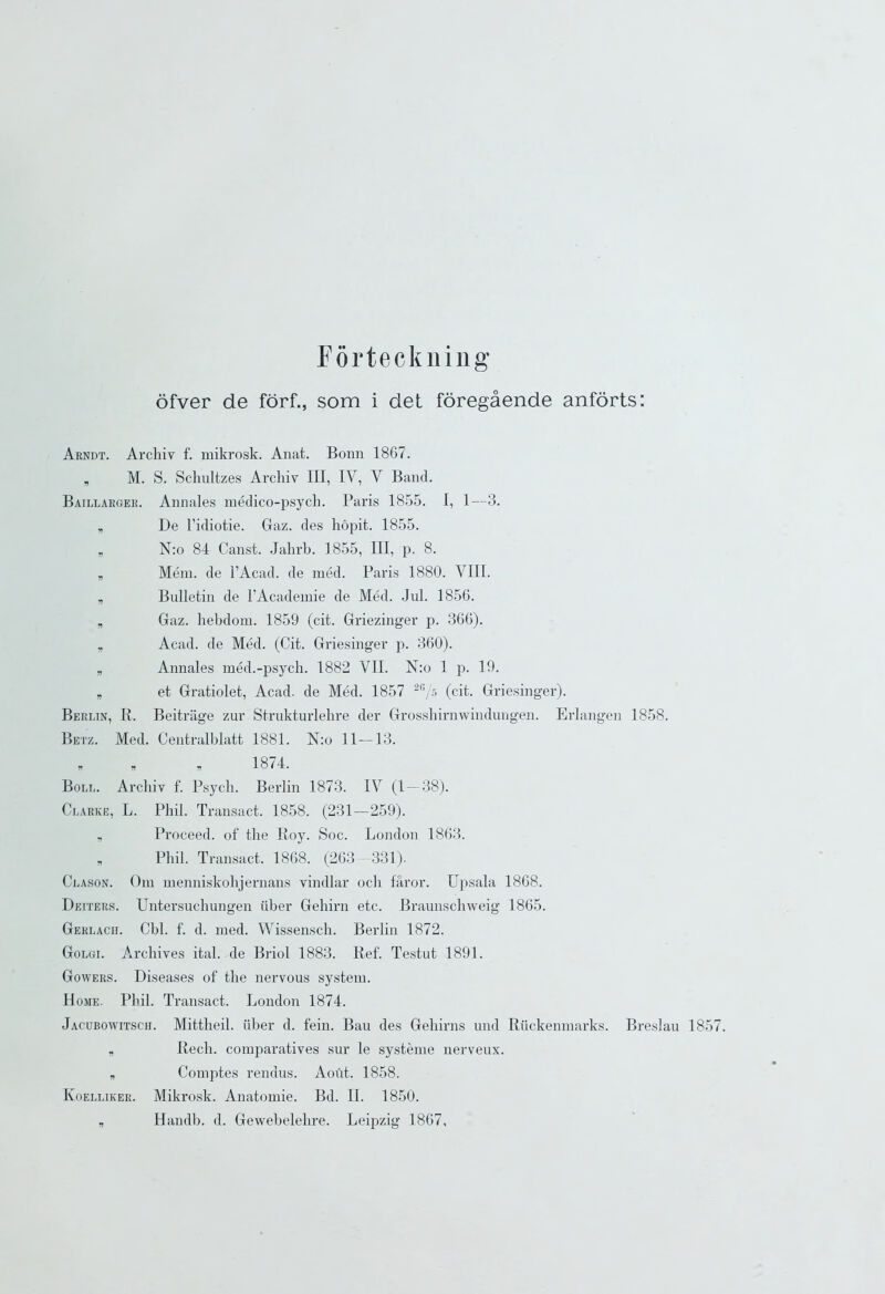 Forteck ning ofver de forf., som i det foregaende anforts: Arndt. Archiv f. mikrosk. Anat. Bonn 1867. „ M. S. Schultzes Archiv III, IV, V Band. Baillarger. Annales medico-psych. Paris 1855. I, 1—3. „ De l’idiotie. Gaz. des hopit. 1855. „ N:o 84 Canst. Jahrb. 1855, III, p. 8. „ Mem. de l’Acad. de med. Paris 1880. VIII. „ Bulletin de l’Academie de Med. Jul. 1856. „ Gaz. hehdom. 1859 (cit. Griezinger p. 366). „ Acad, de Med. (Cit. Griesinger p. 360). „ Annales med.-psych. 1882 VII. N:o 1 p. 19. „ et Gratiolet, Acad, de Med. 1857 2G/5 (cit. Griesinger). Berlin, R. Beitrage zur Strukturlehre der Grossliirnwindungen. Erlangen 1858. Betz. Med. Centralblatt 1881. N:o 11—13. „ , „ 1874. Boll. Archiv f. Psych. Berlin 1873. IV (1 — 38). Clarke, L. Phil. Transact. 1858. (231—259). „ Proceed, of the Roy. Soc. London 1863. „ Phil. Transact. 1868. (263 331). Clason. Om menniskohjernans vindlar och faror. Upsala 1868. Deiters. Untersuchungen liber Gehirn etc. Braunschweig 1865. Gerlacii. Cbl. f. d. med. Wissensch. Berlin 1872. Golgi. Archives ital. de Briol 1883. Ref. Testut 1891. Gowers. Diseases of the nervous system. Home. Phil. Transact. London 1874. Jacubowitsch. Mittheil. iiber d. fein. Bau des Gehirns und Ruckenmarks. Breslau 185 „ Rech. comparatives sur le systeme nerveux. T Comptes rendus. Aout. 1858. Koelliker. Mikrosk. Anatomie. Bd. II. 1850. „ Handb. d. Gewebelelire. Leipzig 1867.