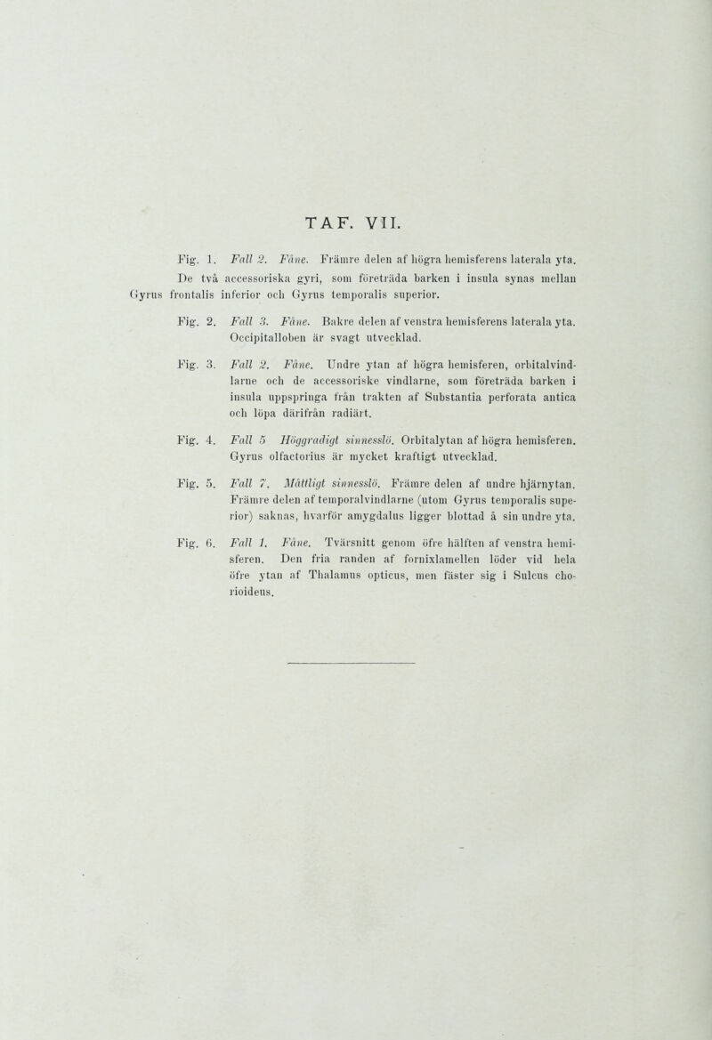 Fig. 1. Fall 2. Fane. Framre delen af liogra hemisferens laterala yta. De tva accessoriska gyri, som foretriida barken i insula synas mellan Gyrus frontalis inferior och Gyrus temporalis superior. Fig. 2. Fall 3. Fane. Bakre delen af venstra hemisferens laterala yta. Occipitalloben ar svagt utvecklad. Fig. 3. Fall 2. Fane. Undre ytan af liogra hemisferen, orbitalvind- larne och de accessoriske vindlarne, som foretrada barken i insula uppspringa fran trakten af Substantia perforata antica och lbpa darifran radiart. Fig. 4. Fall 5 Hoggradigt sinnesslo. Orbitalytan af liogra hemisferen. Gyrus olfactoritis ar mycket kraftigt utvecklad. Fig. 5. Fall 7. Mattligt sinnesslo. Framre delen af undre hjarnytan. Framre delen af temporalvindlarne (utom Gyrus temporalis supe- rior) saknas, hvarfor amygdalus ligger blottad a sin undre yta. Fig. 6. Fall 1. Fane. Tvarsnitt genom bfre lialften af venstra hemi- sferen. Den fria randen af fornixlamellen lbder vid hela ofre ytan af Thalamus opticus, men faster sig i Sulcus cho- rioideus.