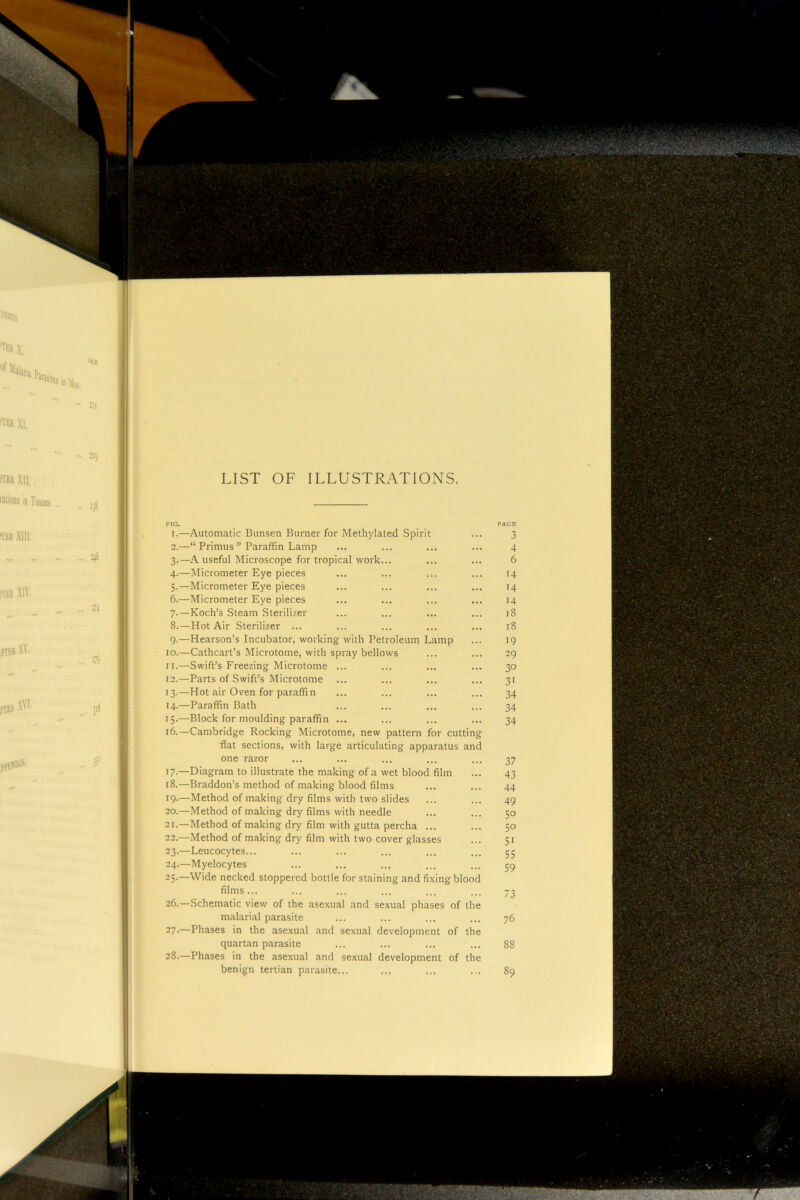 li • LIST OF ILLUSTRATIONS. FIG. PAGE 1 f I.—Automatic Bunsen Burner for Methylated Spirit 1 J I 2.—“ Primus ” Paraffin Lamp 4 3.—A useful Microscope for tropical work... 6 4.—Micrometer Eye pieces 14 5.—Micrometer Eye pieces 14 6.—Micrometer Eye pieces 14 7.—Koch’s Steam Sterilizer 18 8.—Hot Air Sterilizer ... 18 9.—Hearson’s Incubator, working with Petroleum Lamp 19 10.—Cathcart’s Microtome, with spray bellows 29 II.—Swift’s Freezing Microtome ... 30 12.—Parts of Swift’s Microtome 31 13.—Hot air Oven for paraffin 34 14.—Paraffin Bath 34 15.—Block for moulding paraffin ... 34 ■* 16.—Cambridge Rocking Microtome, new pattern for cutting flat sections, with large articulating apparatus and one razor 37 17-—Diagram to illustrate the making of a wet blood film 43 18.—Braddon’s method of making blood films 44 19.—Method of making dry films with two slides 49 ■ 20.—Method of making dry films with needle 50 H 21.—Method of making dry film with gutta percha ... 50 22.—Method of making dry film with two cover glasses 51 K 23.—Leucocytes... 55 I' 24.—Myelocytes 59 25.—Wide necked stoppered bottle for staining and fixing blood 1 films... 26.—Schematic view of the asexual and sexual phases of the 73 1 malarial parasite 76 ' ’ 27.—Phases in the asexual and sexual development of the ‘ quartan parasite 88 28.—Phases in the asexual and sexual development of the i:; benign tertian parasite,.. 89