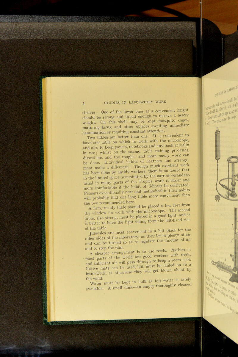 shelves. One of the lower ones at a convenient height should be strong and broad enough to receive a heavy weight. On this shelf may be kept mosquito caps, maturing larvffi and other objects awaiting immediate examination or requiring constant attention. Two tables are better than one. It is convenient to have one table on which to work with the microscope, and also to keep papers, notebooks and any book actua y in use; whilst on the second table staining processes, dissections and the rougher and more messy work can be done. Individual habits of neatness and arrange- ment make a difference. Though much excellent work has been done by untidy workers, there is no doubt tha in the limited space necessitated by the narrow veranda is usual in many parts of the Tropics, work is easier and more comfortable if the habit of tidiness cultivated Persons exceptionally neat and methodica m leir c will probably find one long table more convenient th the two recommended here. A firm, steady table should be placed a fe'?' ' the window for work with the microscope The second table, also strong, must be placed in a 5°°^ is better to have the light falling from the left-hand side “^‘aloistes'are most convenient in a hot other sides of the laboratory, as they let m plenty of a and cL be turned so as to regulate the amount of an and to stop the rain. , • ^ gg Natives in A cheaper arrangement is to use lee most parts of the world are good workeis with reeds, and sufficient air will pass through ^ Native mats can be ^ about by framework, as otherwise they g ‘Vaief must be kept in bulk as tap ^d available. A small tank-an empty thoroughly cleaned