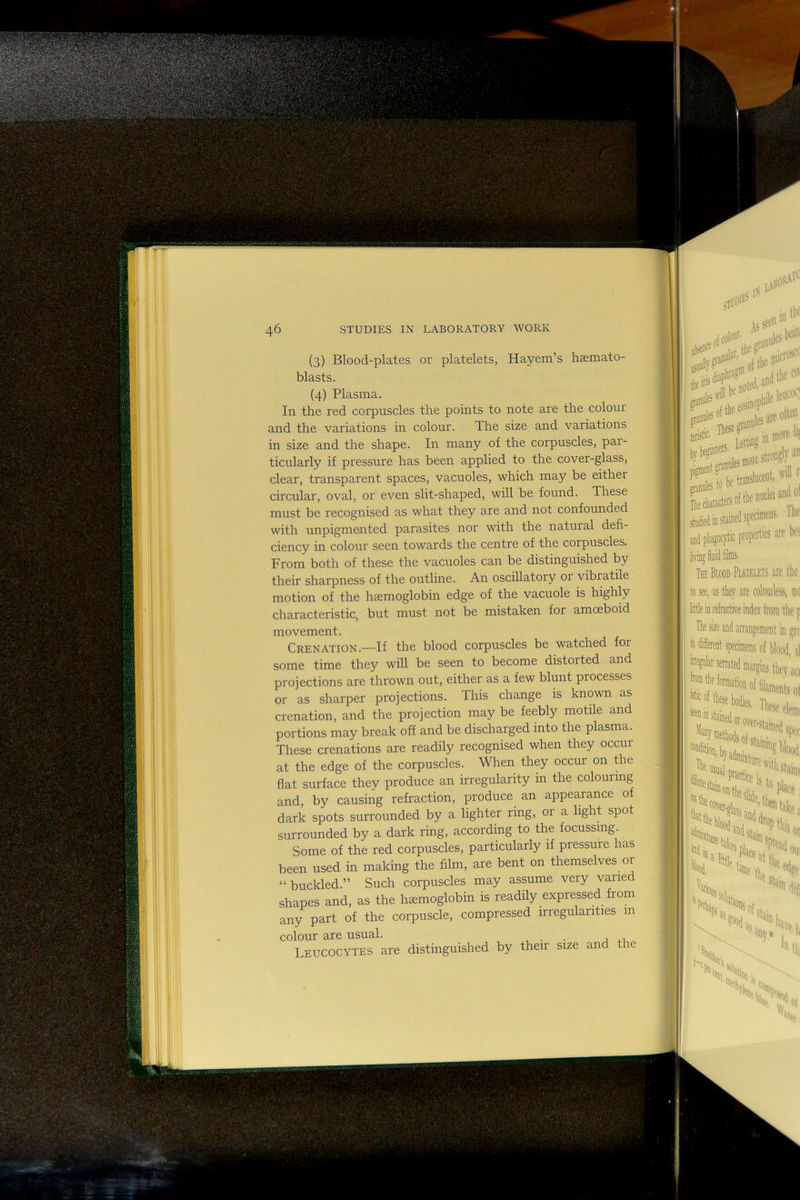 (3) Blood-plates or platelets, Hayem’s hsemato- blasts. (4) Plasma. In the red corpuscles the points to note are the colour and the variations in colour. The size and variations in size and the shape. In many of the corpuscles, par- ticularly if pressure has been applied to the cover-glass, clear, transparent spaces, vacuoles, which may be either circular, oval, or even slit-shaped, will be found. These must be recognised as what they are and not confounded with unpigmented parasites nor with the natural defi- ciency in colour seen towards the centre of the corpuscles. From both of these the vacuoles can be distinguished by their sharpness of the outline. An oscillatory or vibratile motion of the hsemoglobin edge of the vacuole is highly characteristic, but must not be mistaken for amoeboid