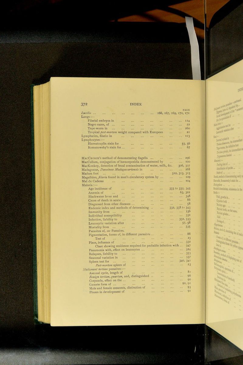 PAGE i66, 167, 169, 170, 171 Lucilia ... Lungs;— Filarial embryos Negro races, of Tape-worm in Tropical post-inortem weight compared with European Lymphatics, filarim in Lymphocytes:— Haematoxylin stain for ... Romanowsky’s stain for LeacoO'M'^ MW' , . Tape-wm-S*'''^' 'I fetiinsliiMof MacCrorie’.s method of demonstrating flagella MacCullum, conjugation of hremosporidia demonstrated by MacKonkey, detection of fffical contamination of water, milk, &c. Madaga.scar, Davainea Madagascariensis in Madura foot Magalhaes,yf/ar/fl found in man’s circulatory system by Mai de Caderas Malaria :— Age incidence of 32 Anaemia of Hlackwater fever and Cause of death in acute Diagnosed from other diseases Endemic index and methods of determining .. ... 3j Immunity from ... Individual susceptibility Infection, liability to Leucocytic variation after Mortality from Parasites of, see Parasites. Pigmentation, forms of, in different parasiins Test of Place, influence of Chart showing residence required for probable infection Pneumonia with, effect on leucocytes Relapses, liability to Seasonal variation in Spleen test for Posi-?no7dem spleen of Malignant tertian parasites:— Asexual cycle, length of Benign tertian, quartan, z,nA., ^\sl!\n^\x\^e^ .. Corpuscle, effect on the ... Gamete form of Male and female crescents, distinction of Phases in development of ...